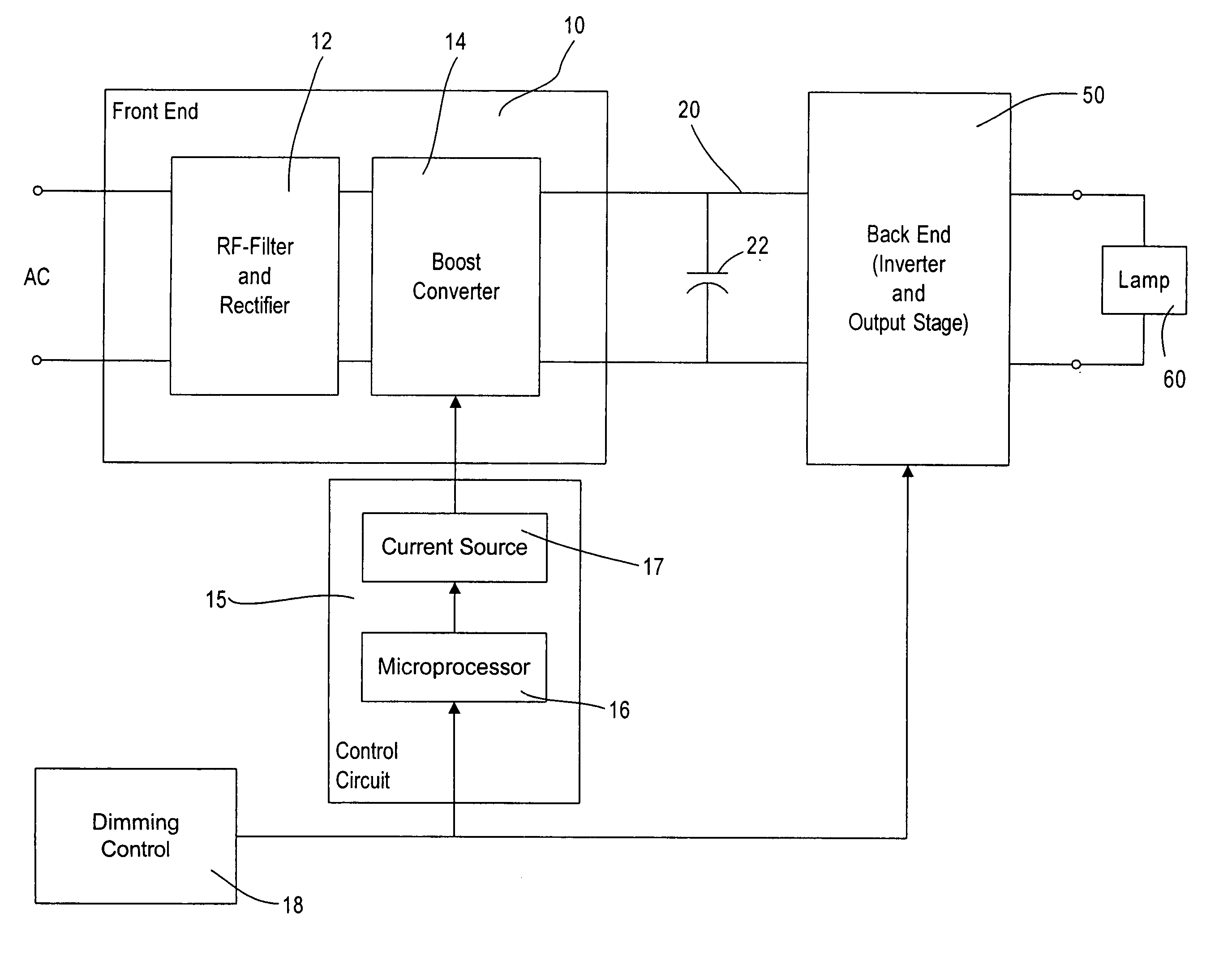 Lighting ballast having boost converter with on/off control and method of ballast operation