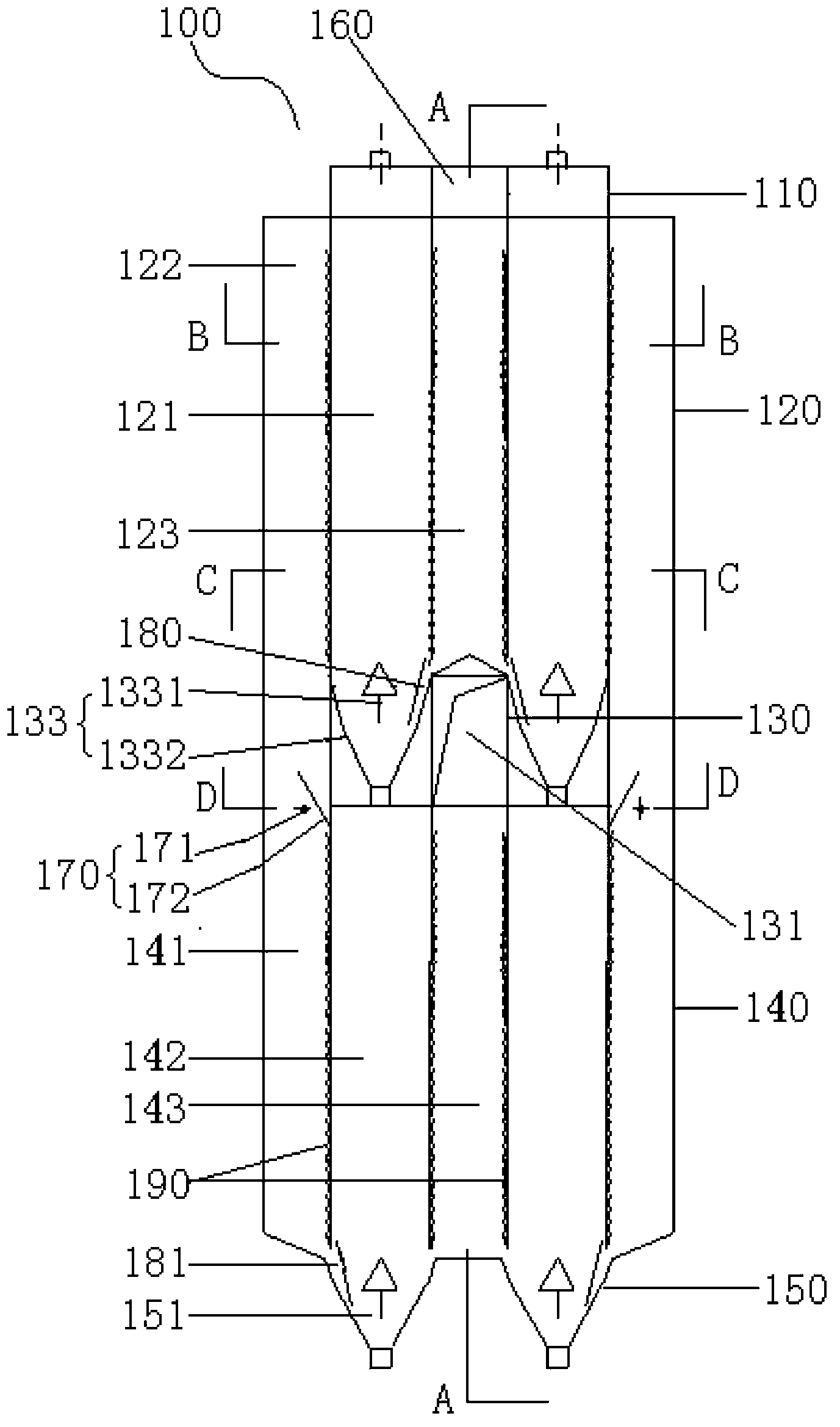 Cross-flow type two-stage moving bed active coke waste gas integrated purification tower