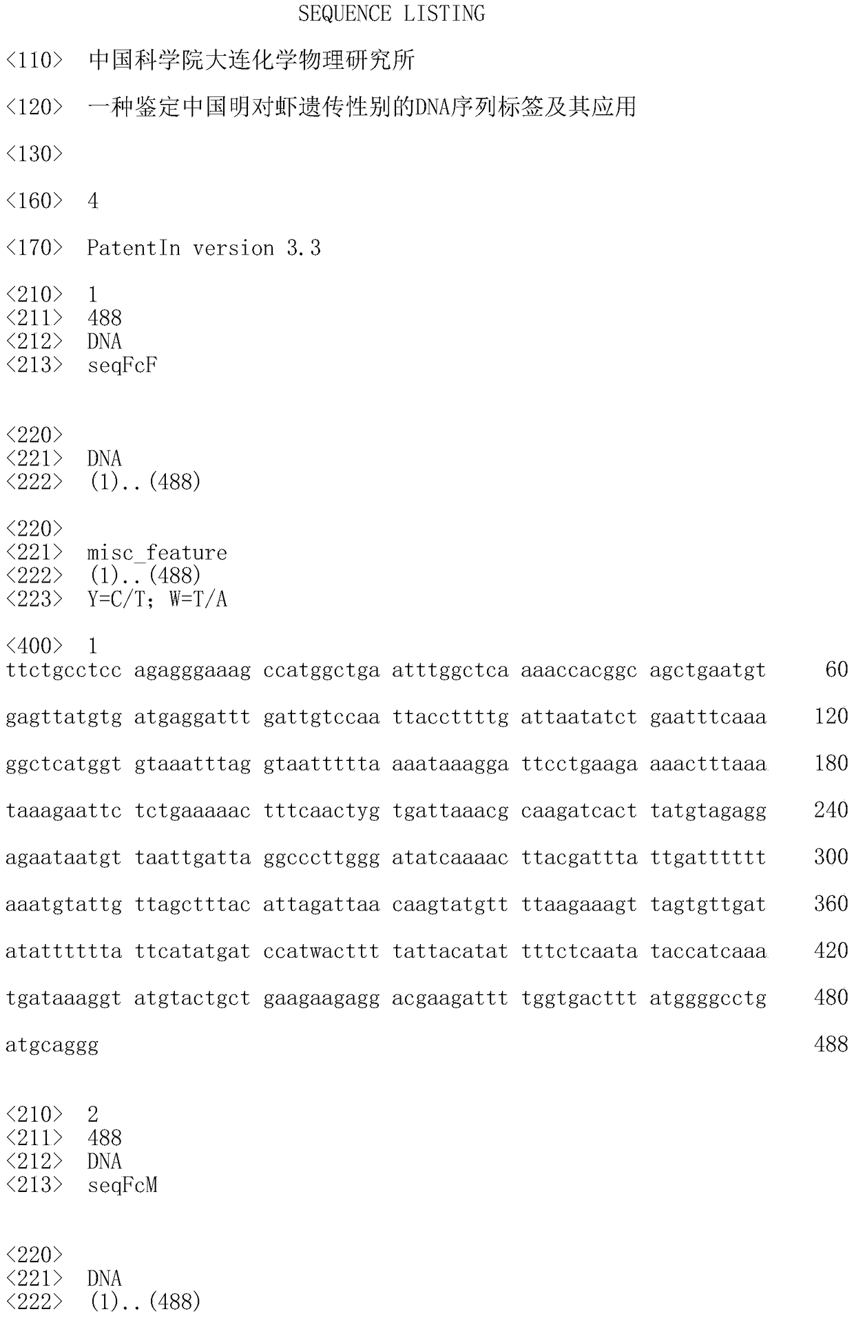 A dna sequence tag for identifying the genetic sex of Penaeus prawn and its application