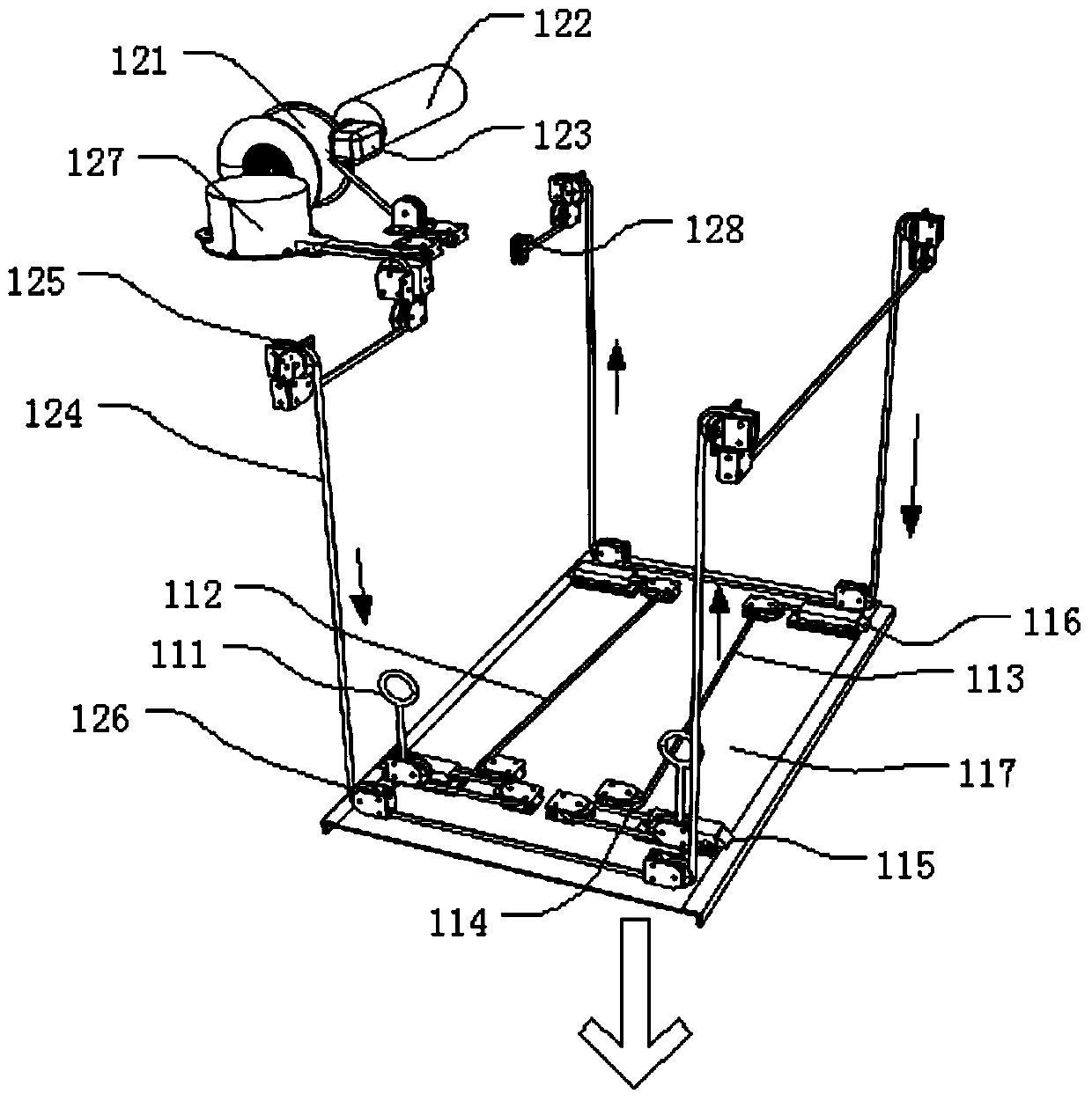 Locking devices, lifting devices, drop-down escape systems, pipelines and vehicles