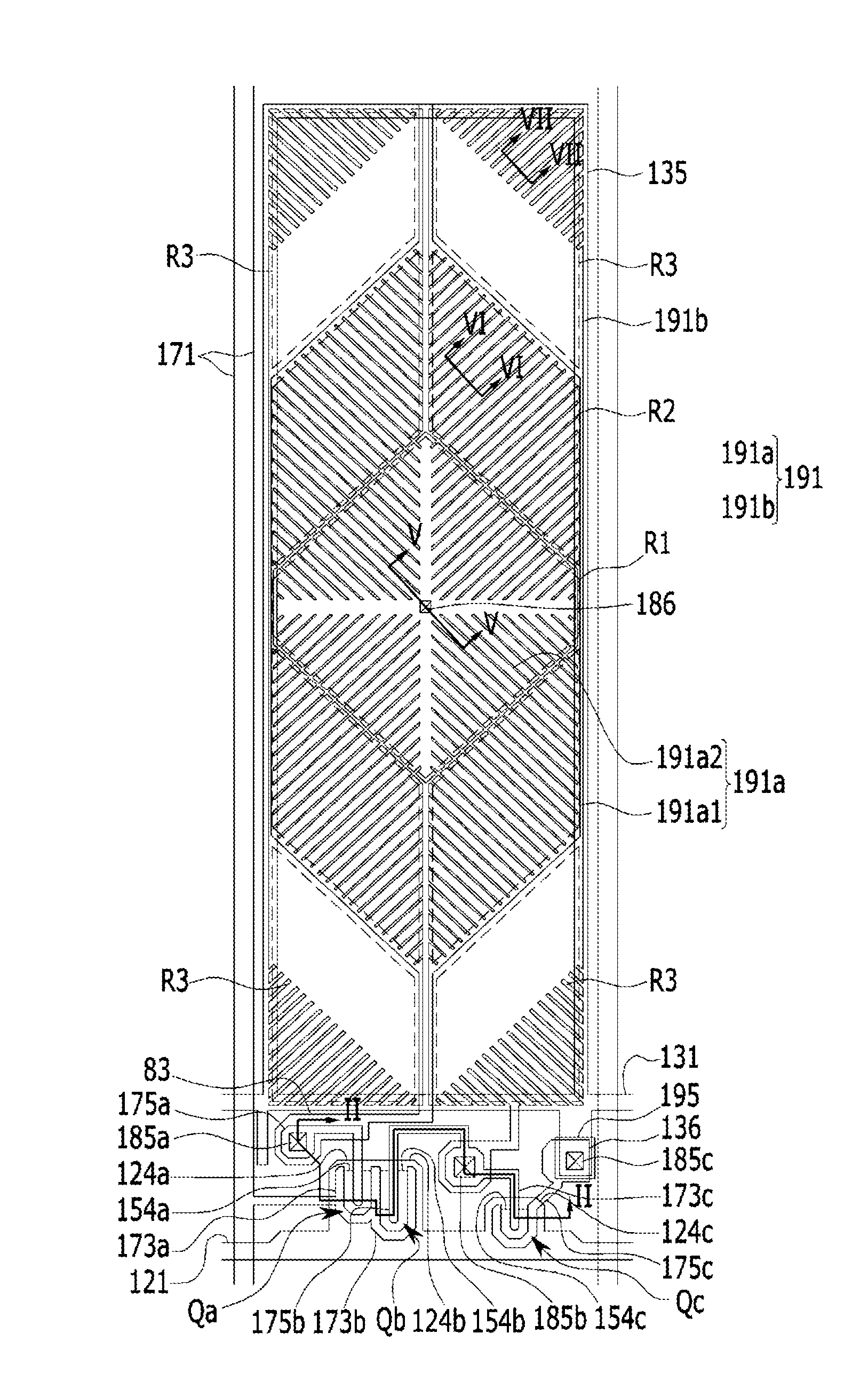 Liquid crystal display having multiple pixel regions for improved transmittance