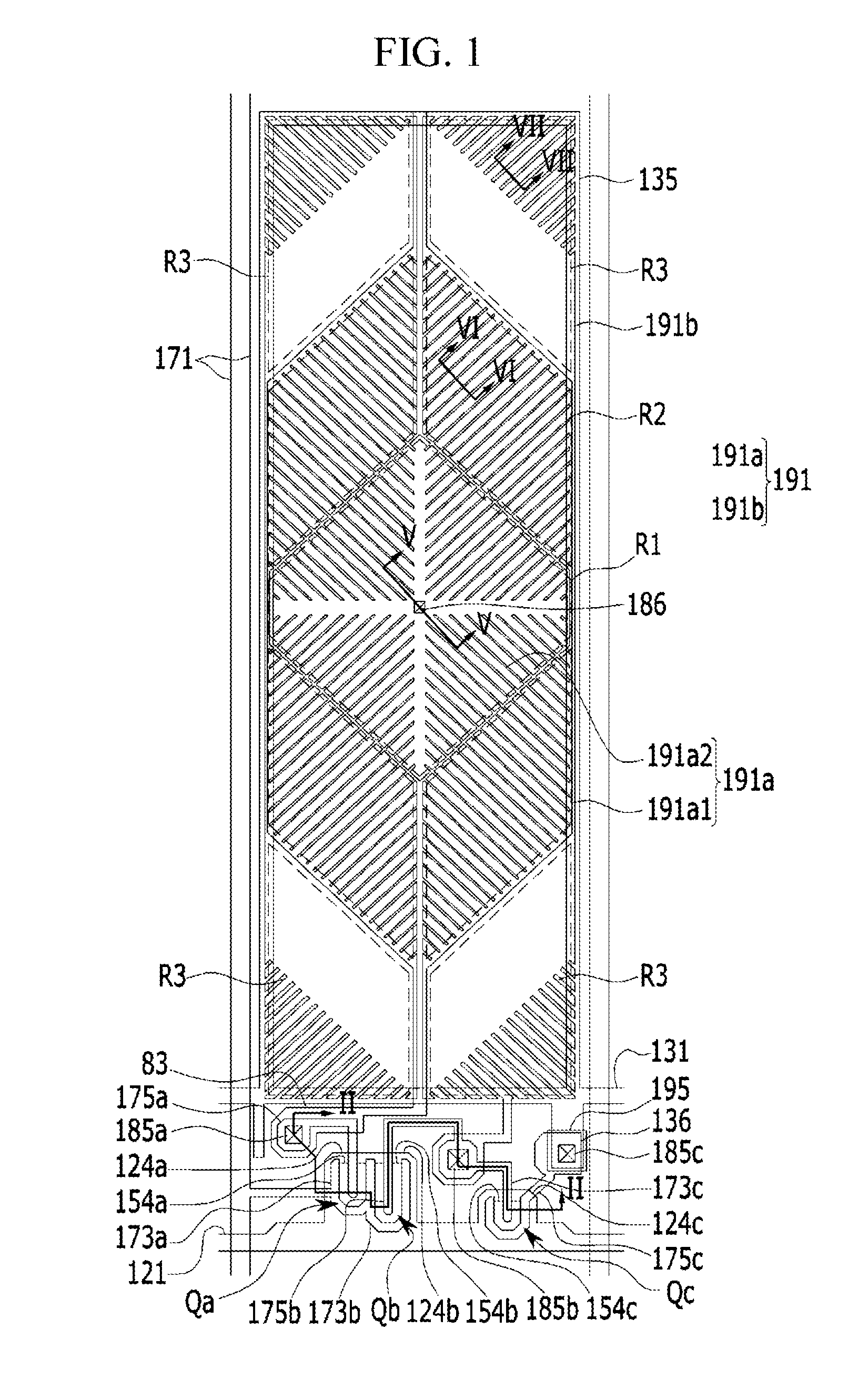 Liquid crystal display having multiple pixel regions for improved transmittance