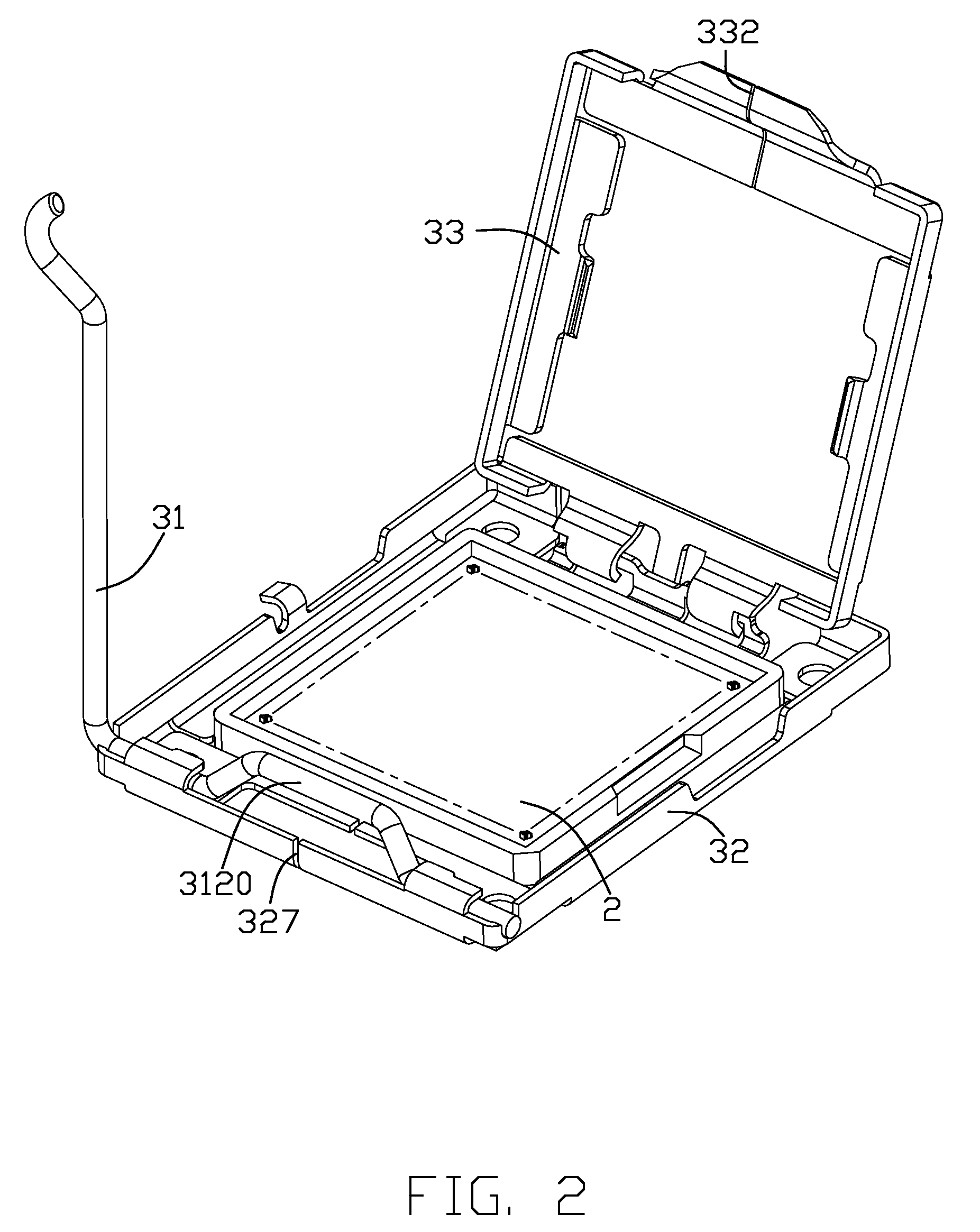 Land grid array socket having simplified fastening device bent by metallic stripe