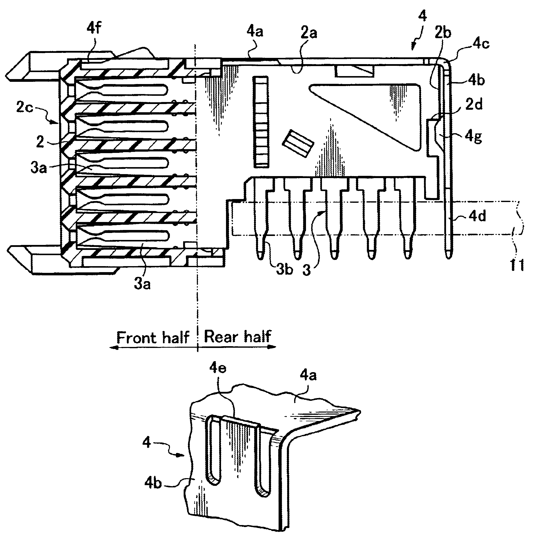 Electric connector provided with a shield plate equipped with thrust shoulders