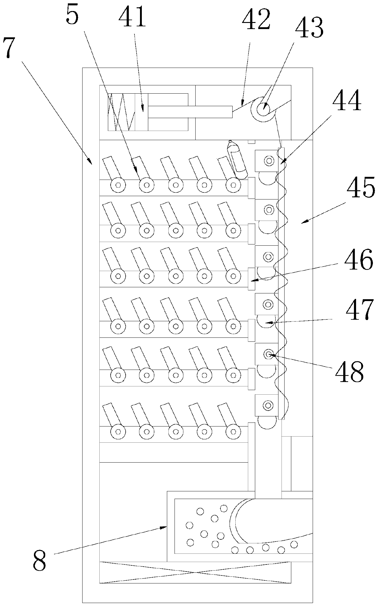 Chute suspension loop drawstring bag type commodity storage device for vending machine