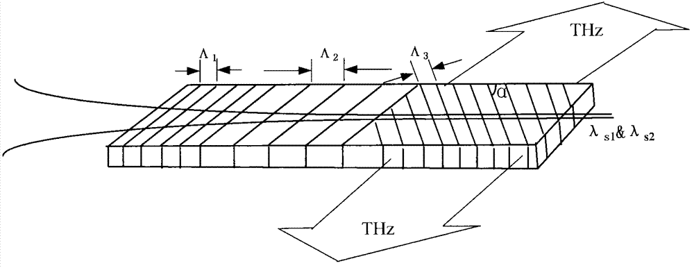 Device for outputting dual wavelength laser and terahertz wave based on single periodical and polarized crystal