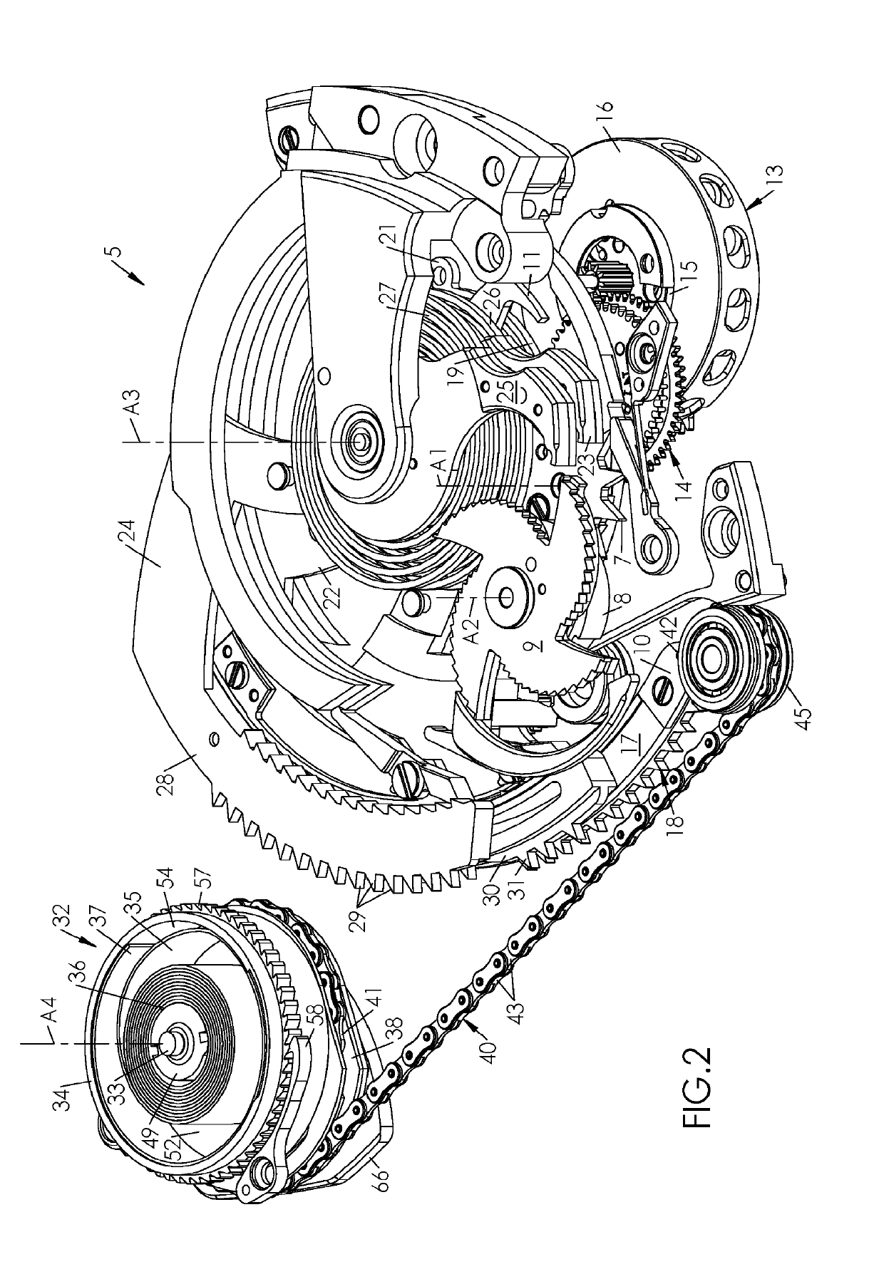 Repeater mechanism with tensioned chain