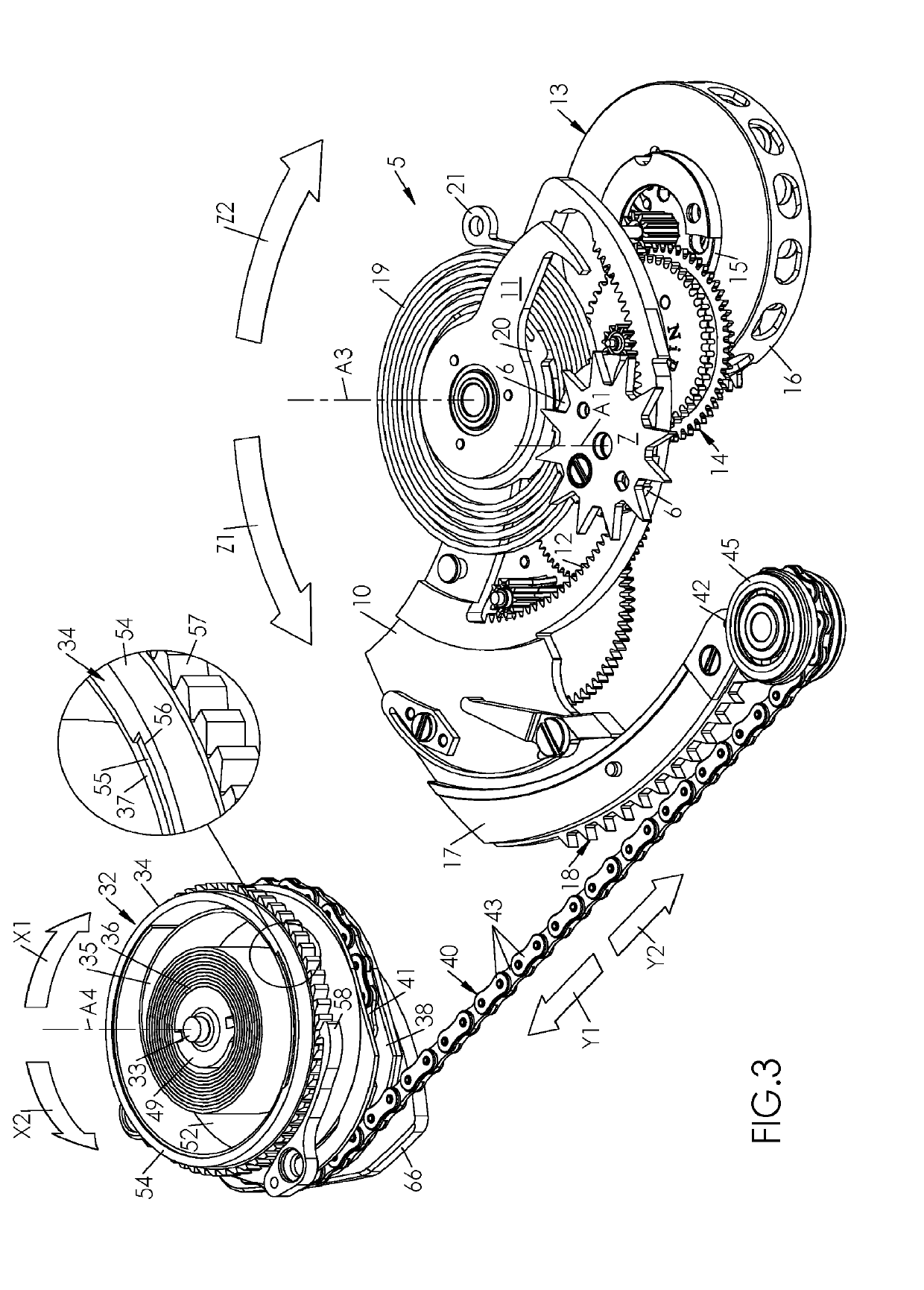 Repeater mechanism with tensioned chain