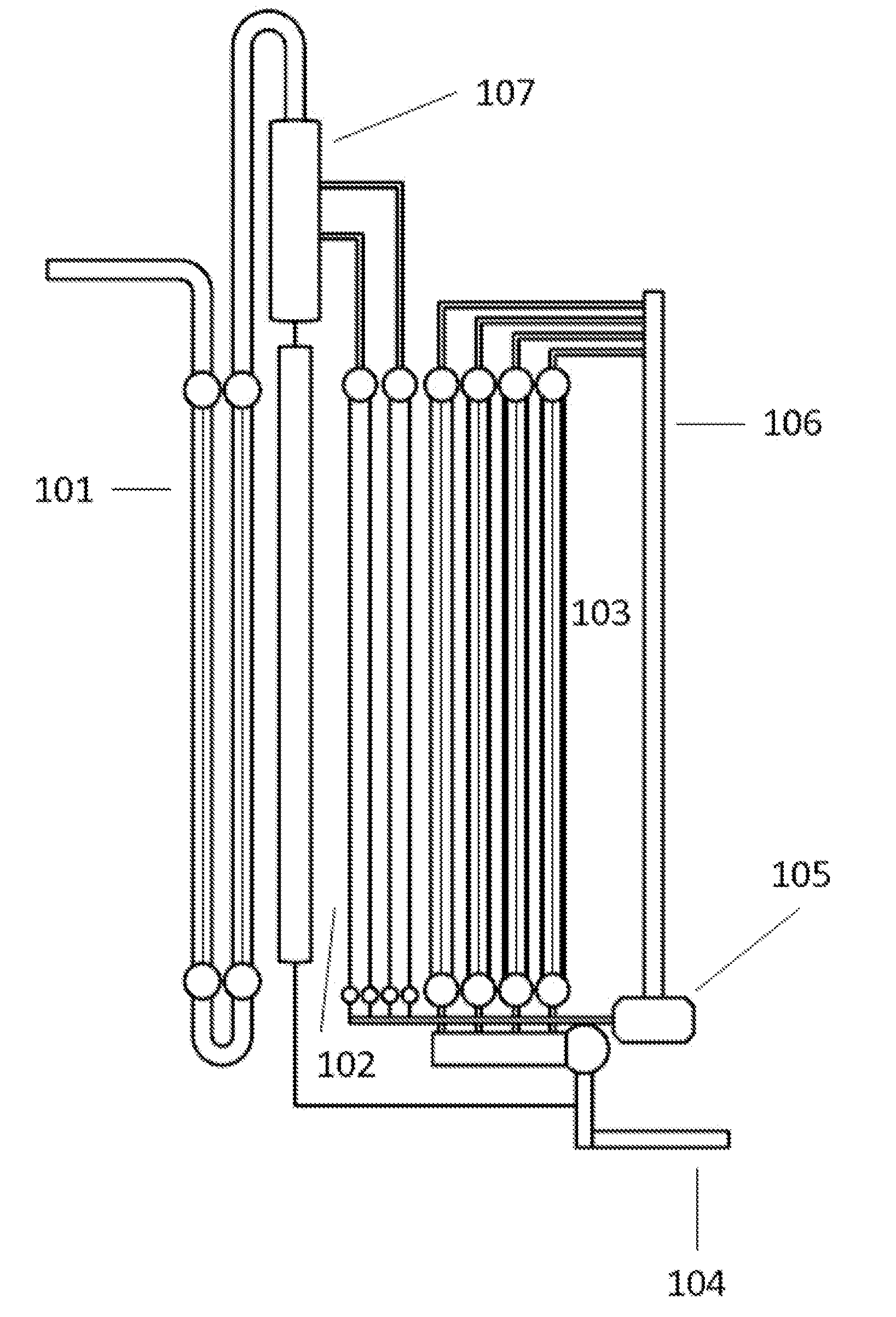 Vertical multiple passage drainable heated surfaces with headers-equalizers and forced circulation