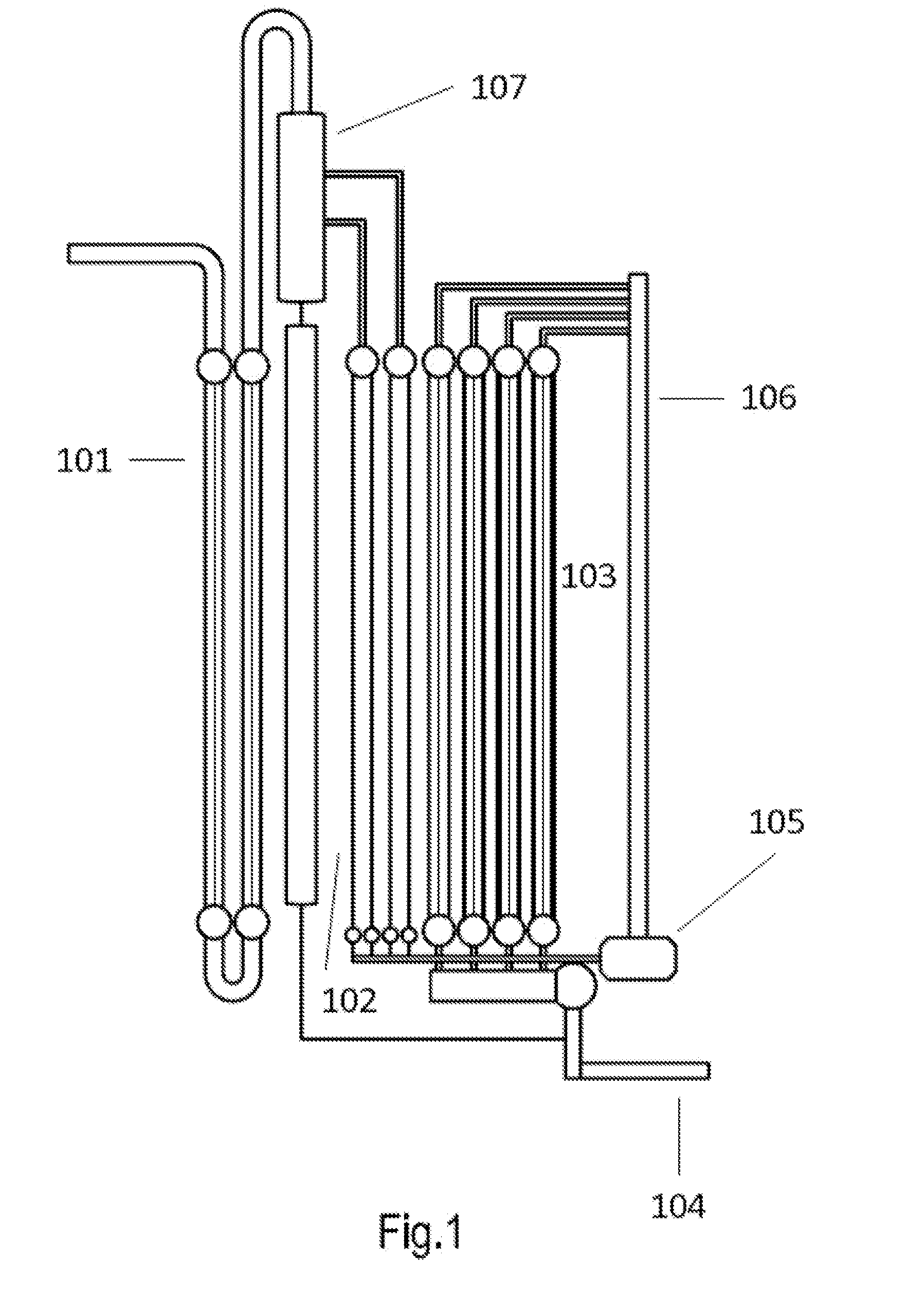 Vertical multiple passage drainable heated surfaces with headers-equalizers and forced circulation