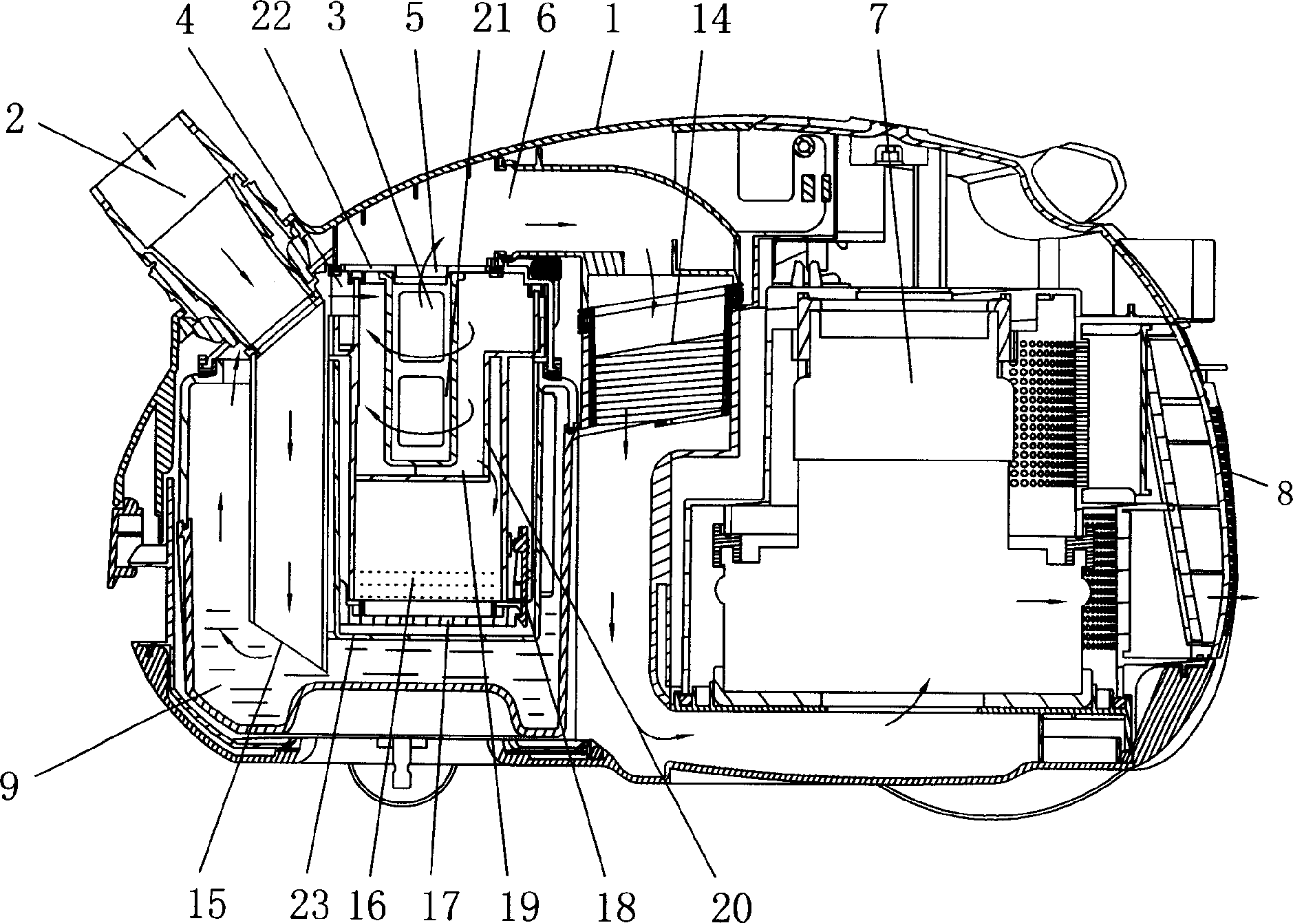 Dust-catcher with water-filtering and vortex separation device