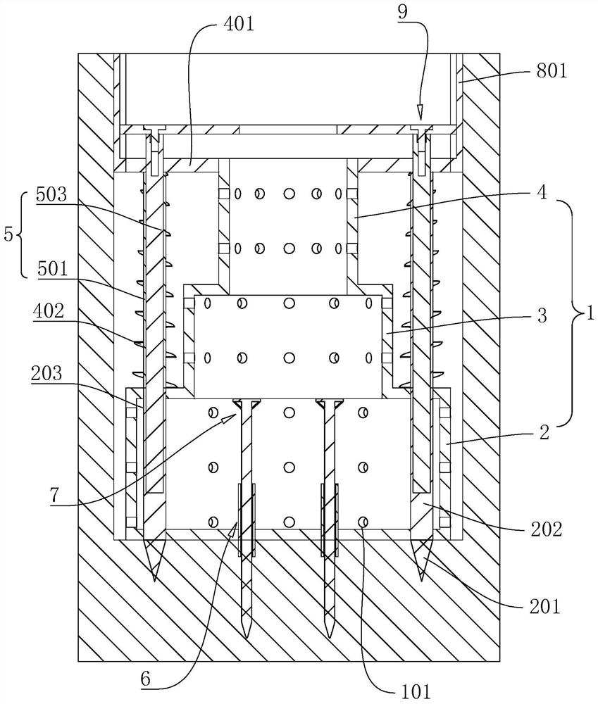 A foundation reinforcement device for rotary jet drilling rig with high pull-out strength