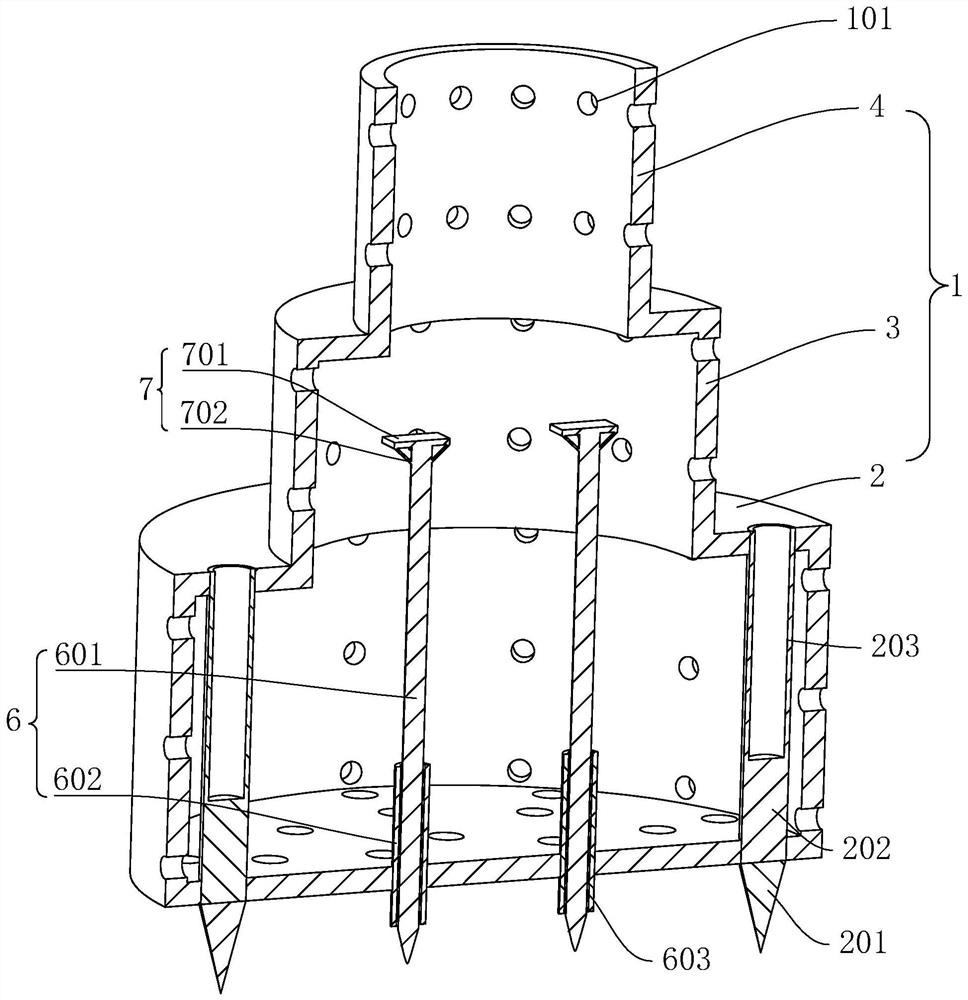 A foundation reinforcement device for rotary jet drilling rig with high pull-out strength