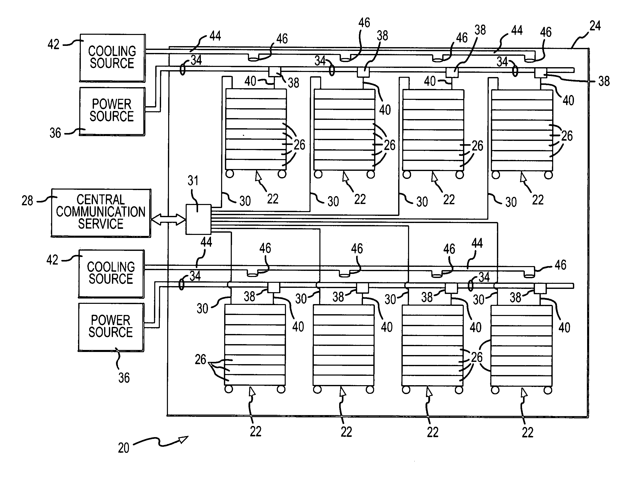 Data center with mobile data cabinets and method of mobilizing and connecting data processing devices in a data center using consolidated data communications and power connections