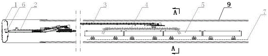 Mucking and transporting method and device applied to double-shield tunnel boring machine