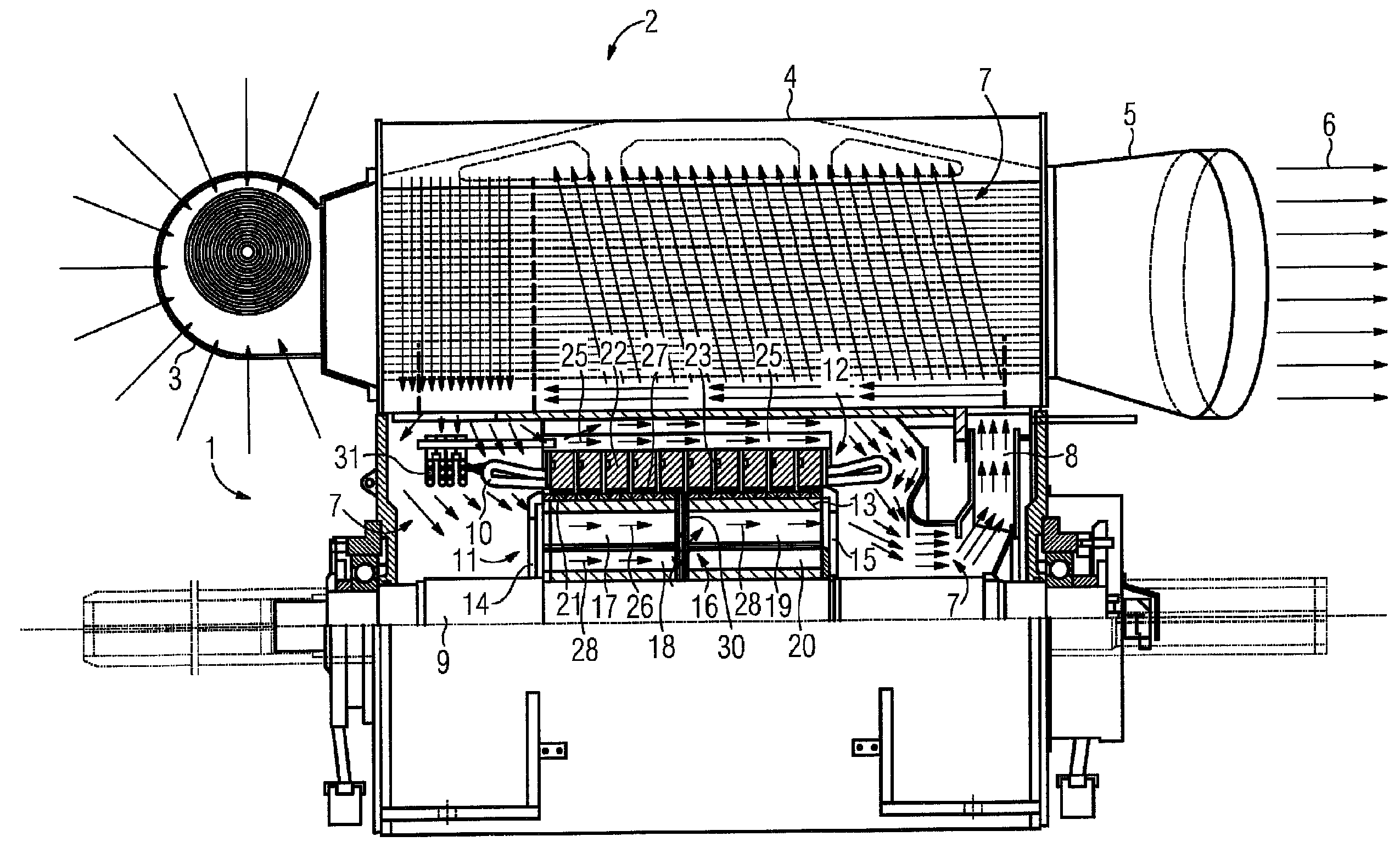 Electrical motor having radially offset cooling stream and cooling method