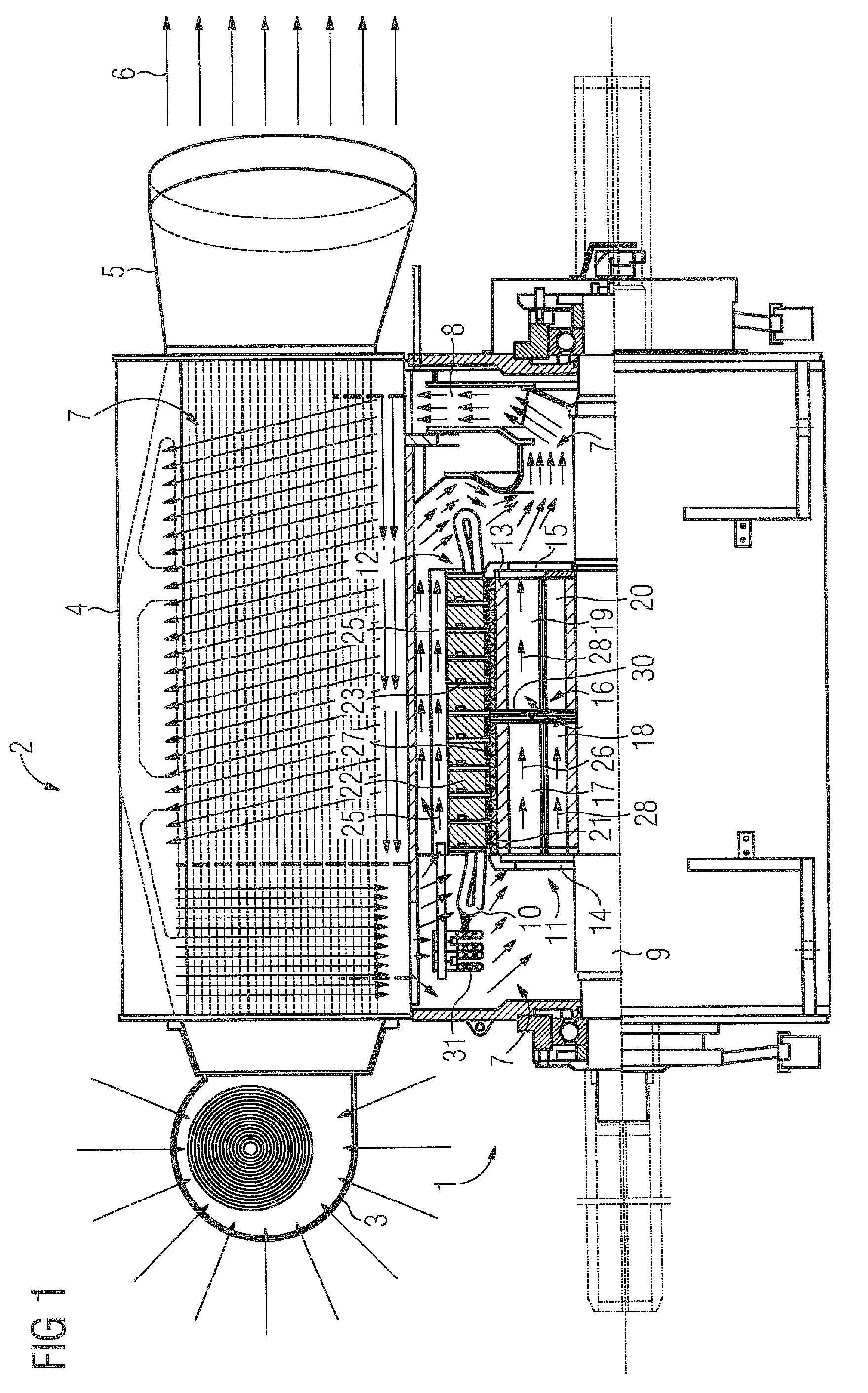 Electrical motor having radially offset cooling stream and cooling method