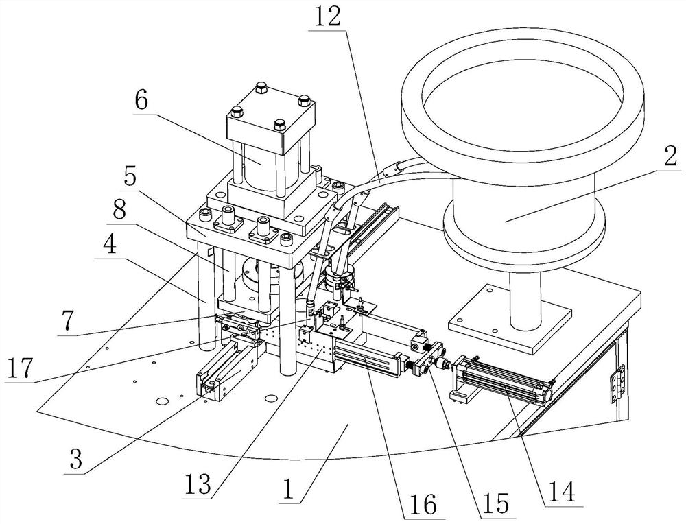 An escalator chain outer chain plate and pin press-fitting equipment