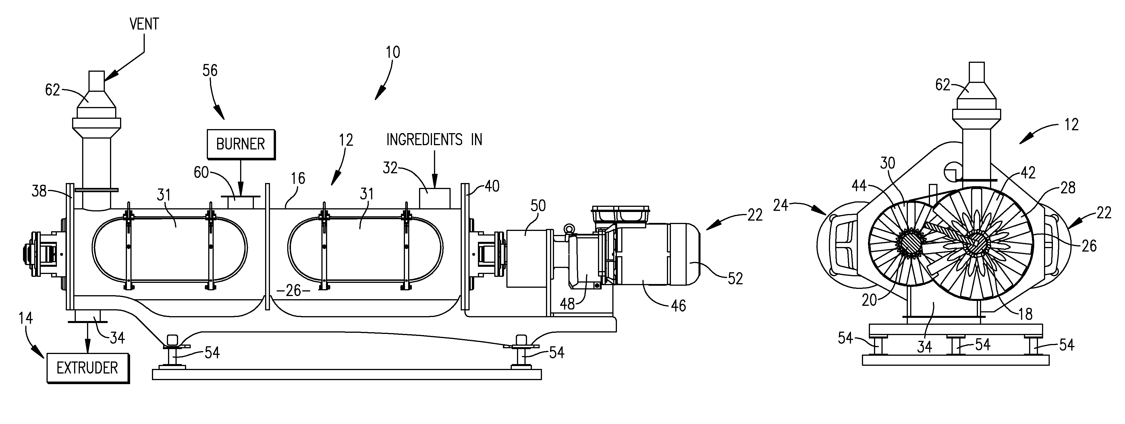 Extrusion processing of high meat quantity feeds using preconditioner with hot air input