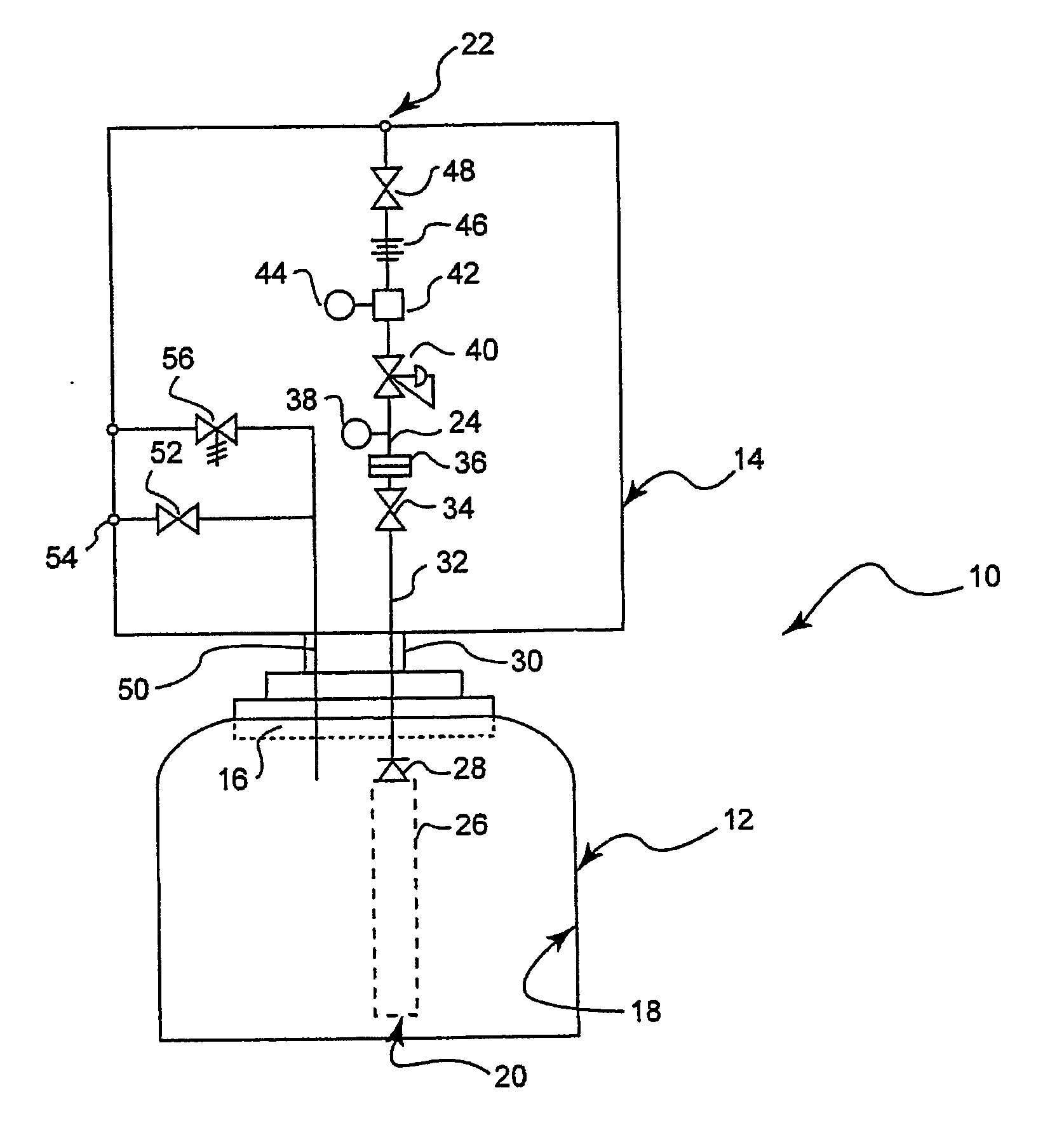 Assembly and method for containing, receiving and storing fluids and for dispensing gas from a fluid control and gas delivery assembly having an integrated fluid flow restrictor