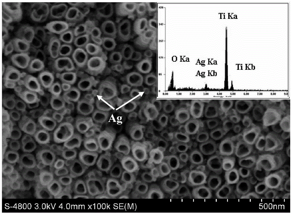 Preparation method of calcium-phosphorus-silver nanotube array loaded on medical titanium surface