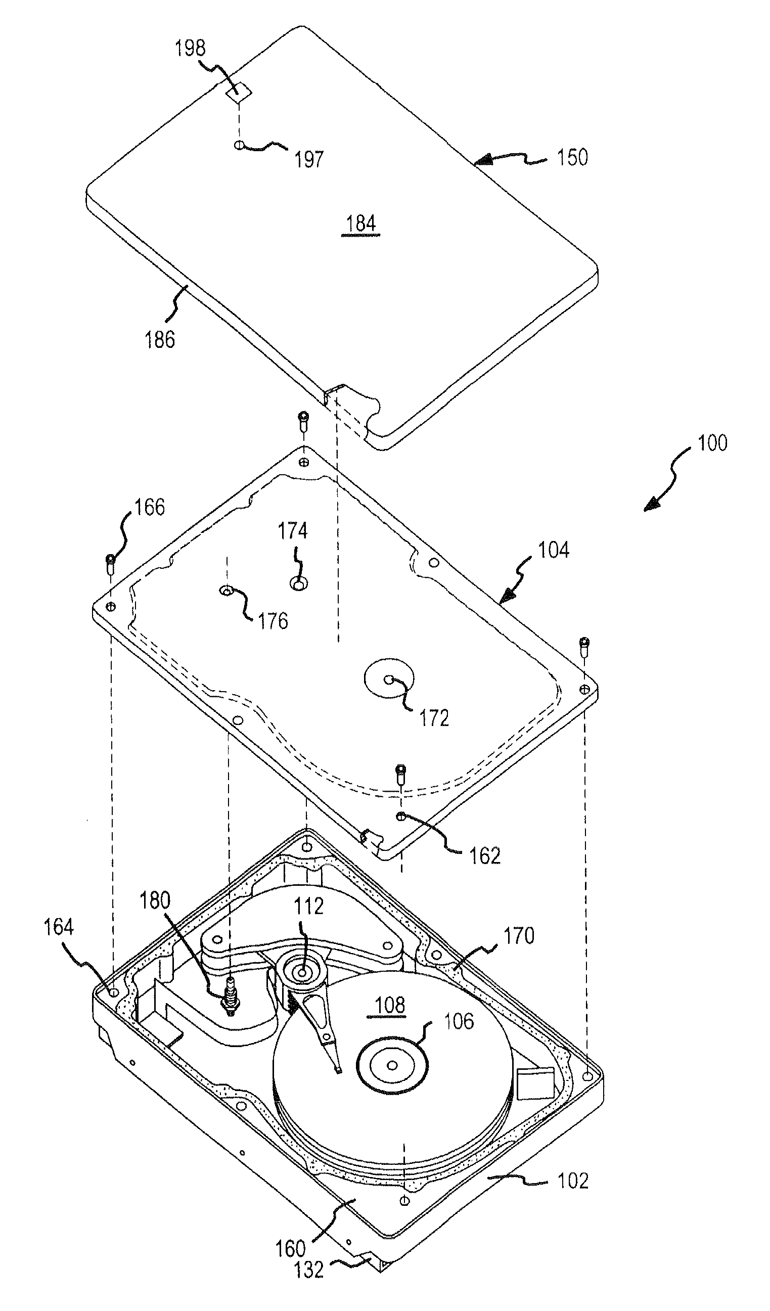 Two-stage sealing of a data storage assembly housing to retain a low density atmosphere