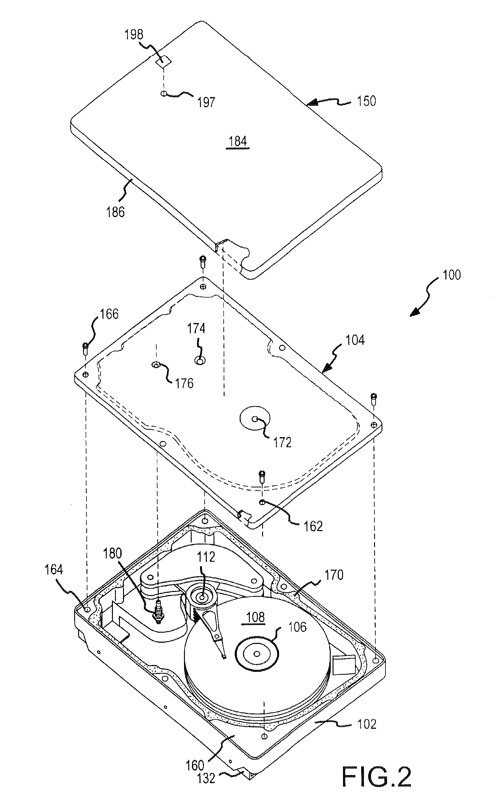 Two-stage sealing of a data storage assembly housing to retain a low density atmosphere