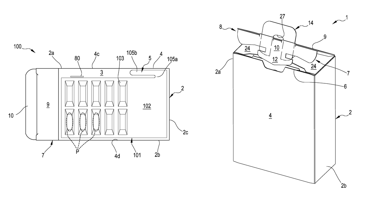 Package and associated container, process for making said package and said container