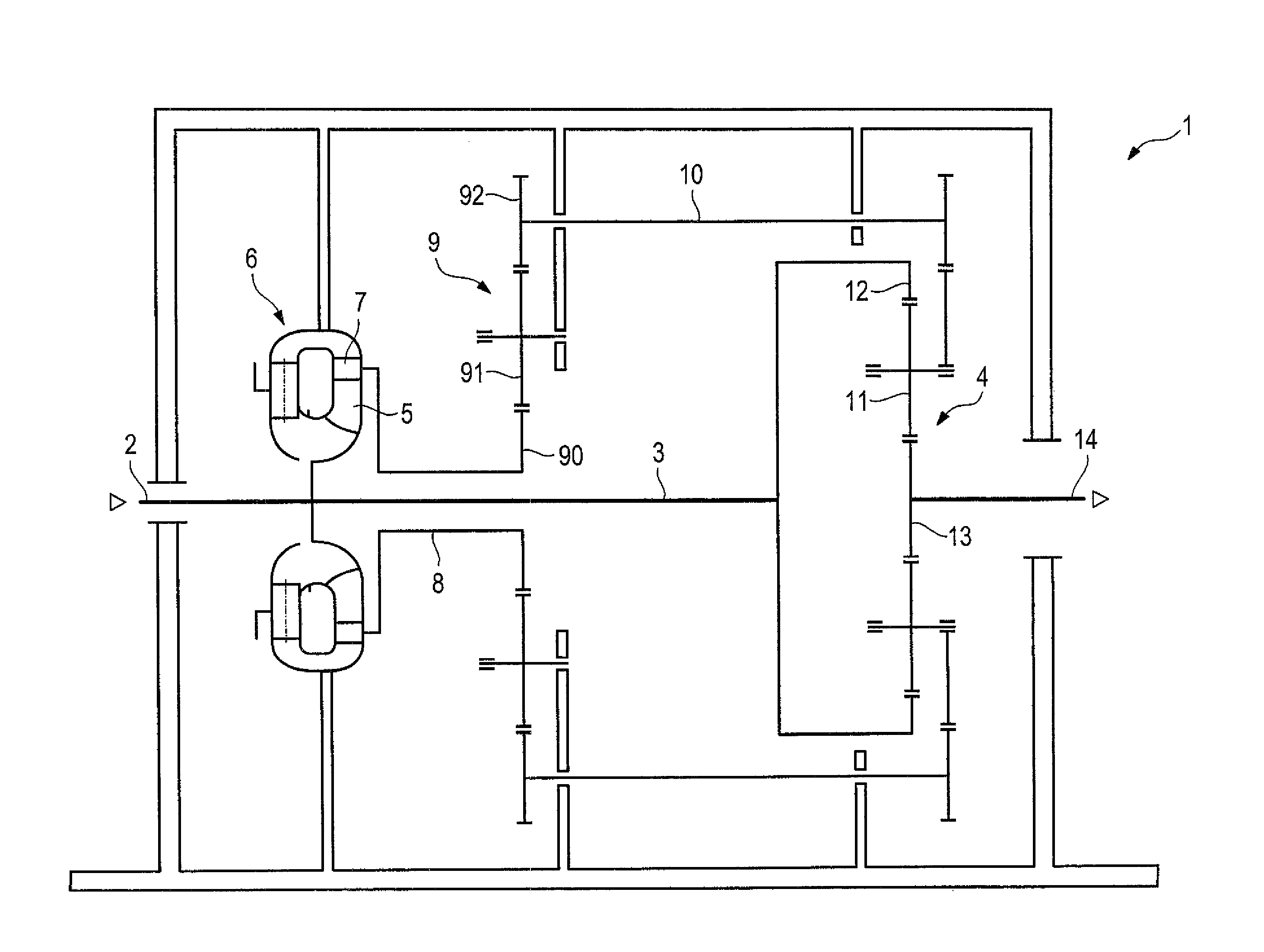 Superimposed transmission having coupling shafts