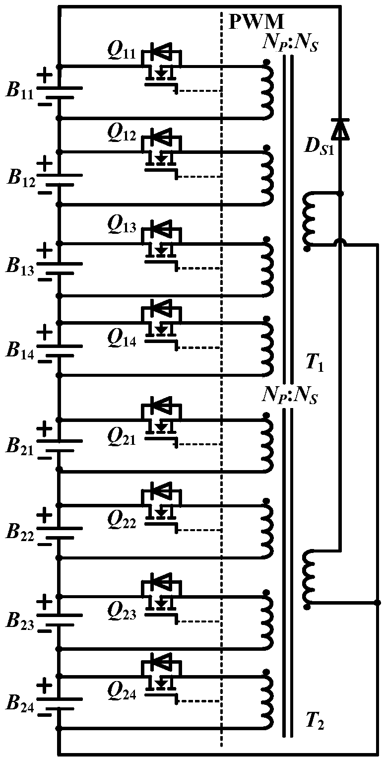 Multi-winding-transformer-based automatic battery equalization circuit and implementation method thereof