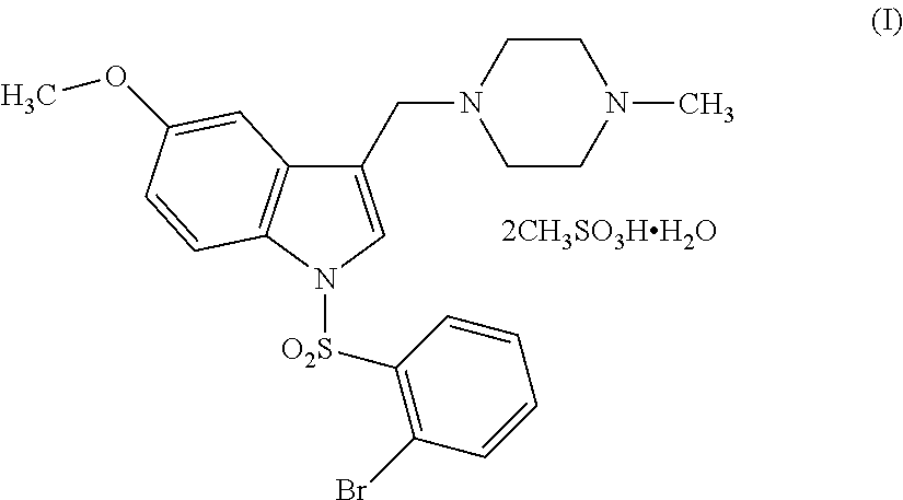 Process for large scale production of 1-[(2-bromophenyl)sulfonyl]-5-methoxy-3-[(4-methyl-1-piperazinyl)methyl]-1H-indole dimesylate monohydrate