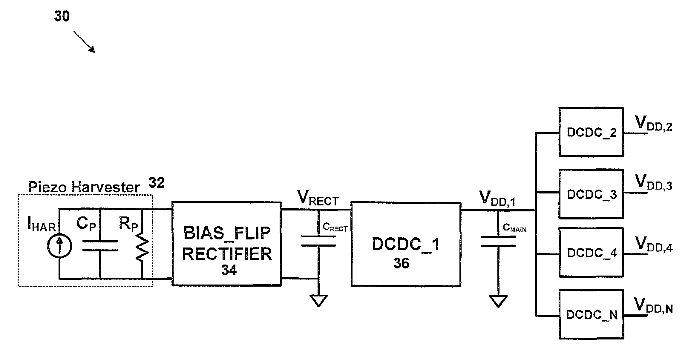 Circuit and method to improve energy harvesting efficiency in piezoelectric harvesters