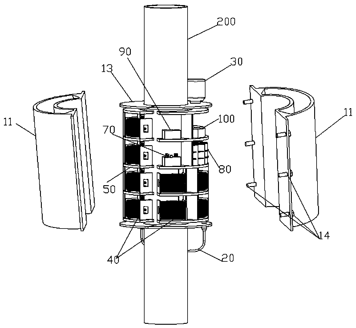 An embracing marine riser vibration monitoring system capable of self-generating