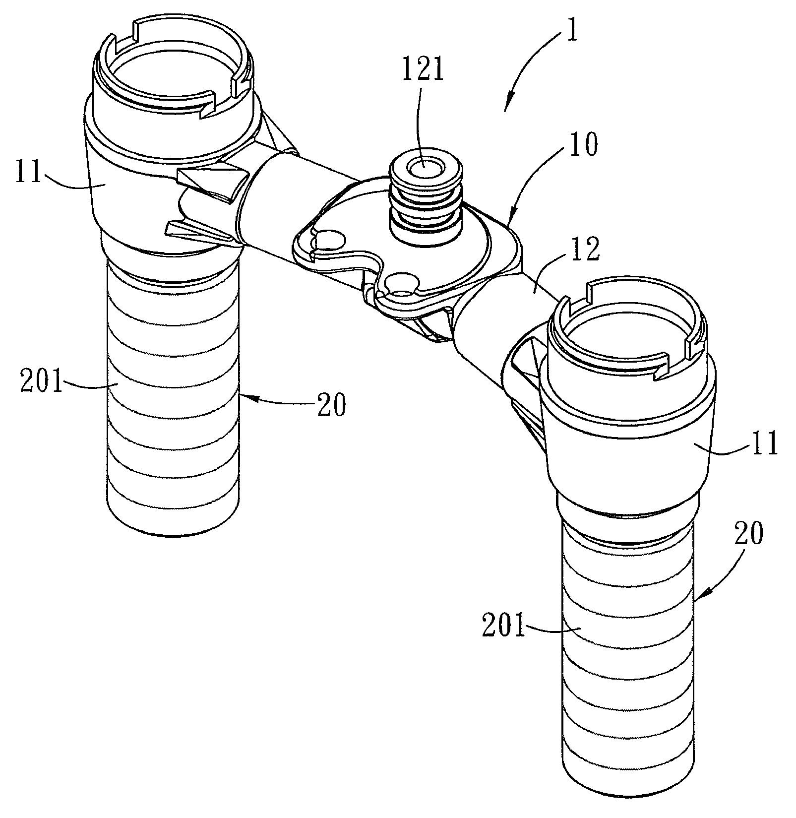 Plastic faucet body with copper connecting legs