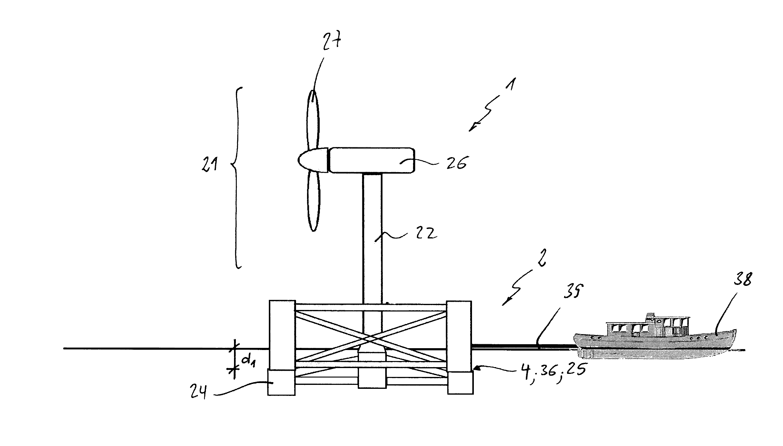 Floatable transportation and installation structure for transportation and installation of a floating wind turbine, a floating wind turbine and method for transportation and installation of the same