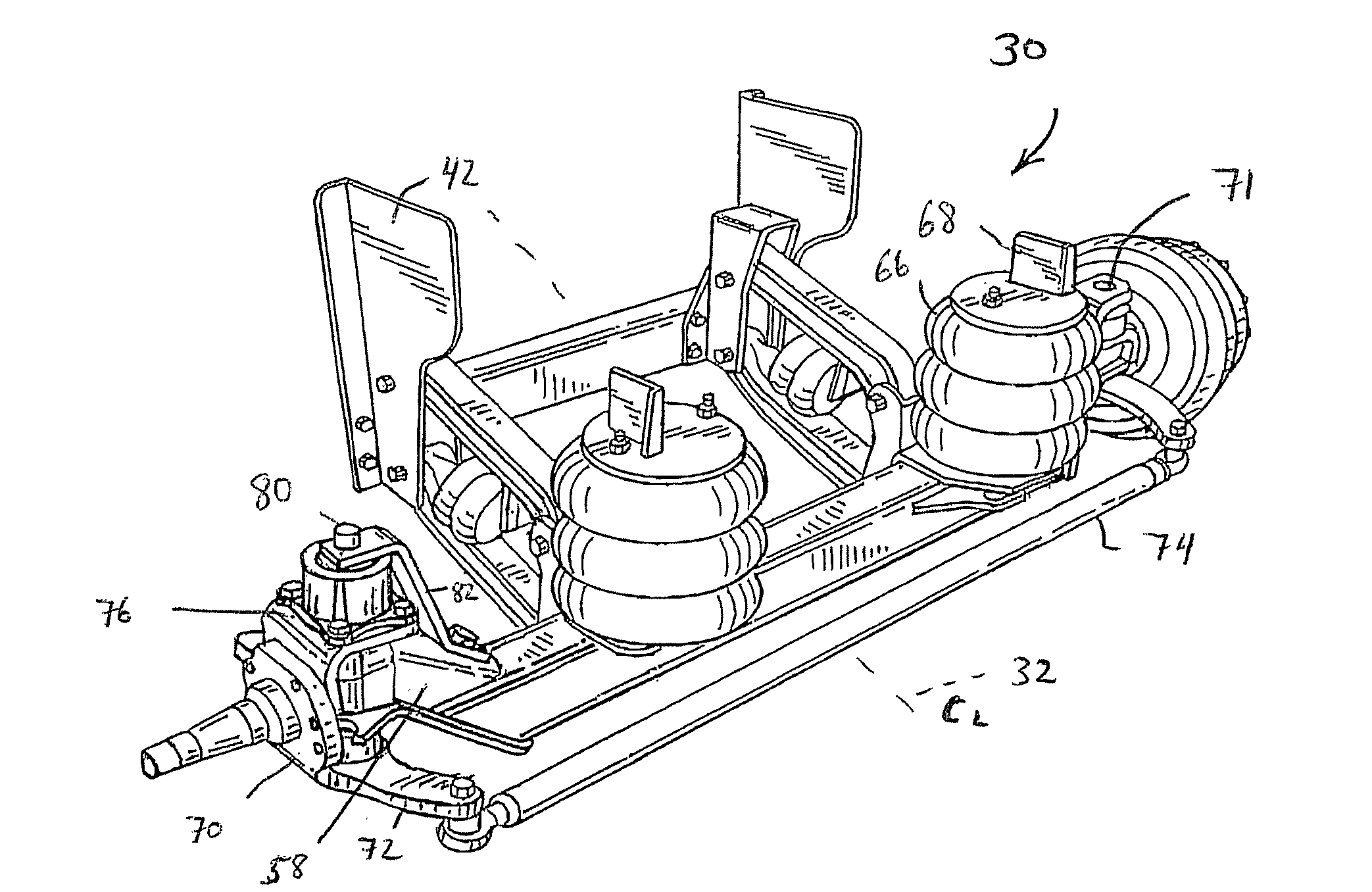 Self-steering axle suspension system having a rotary stabilizer