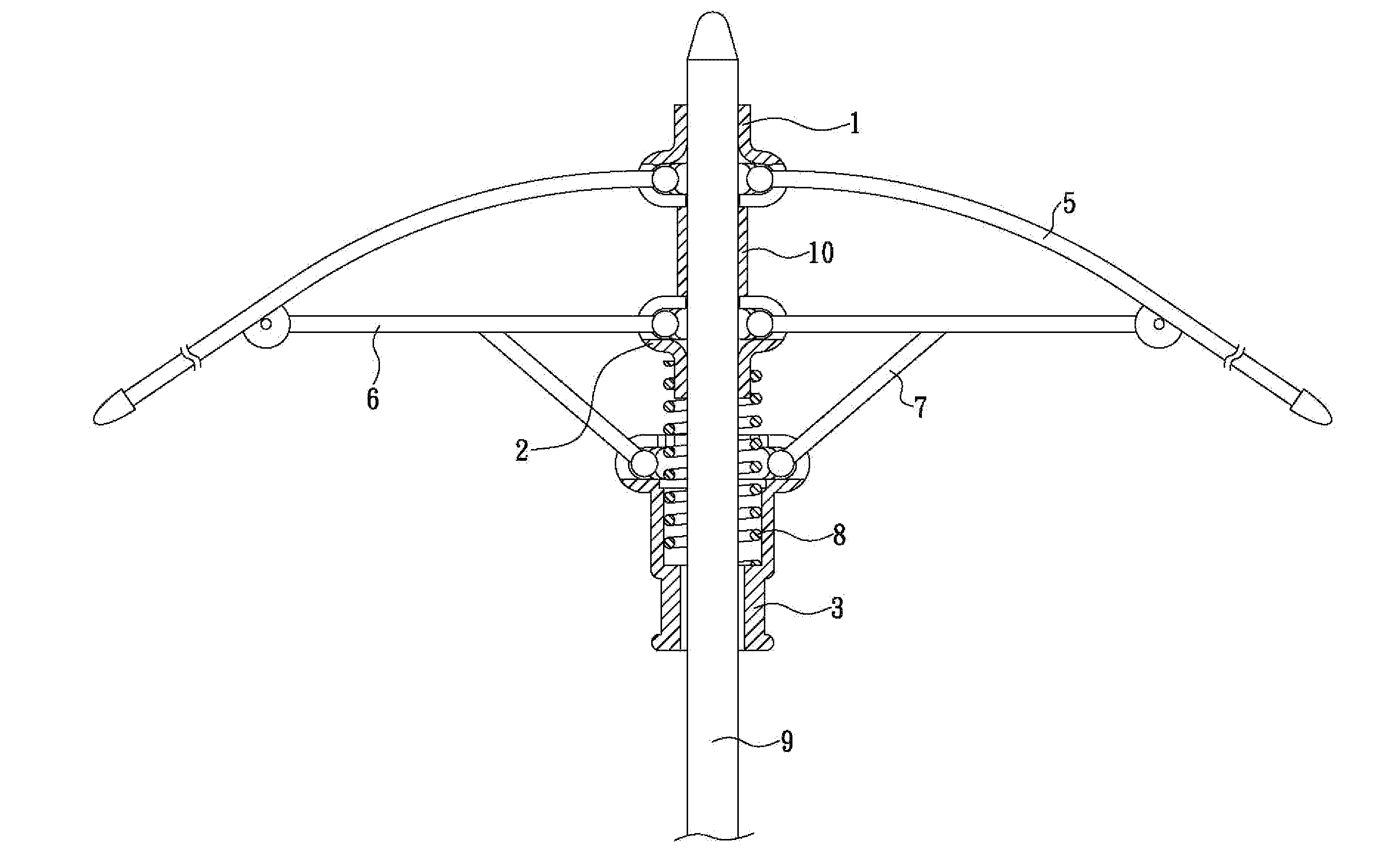 Umbrella structure having at least one mushroom-shaped hub for enabling rapid assembly of main rod and supporting members