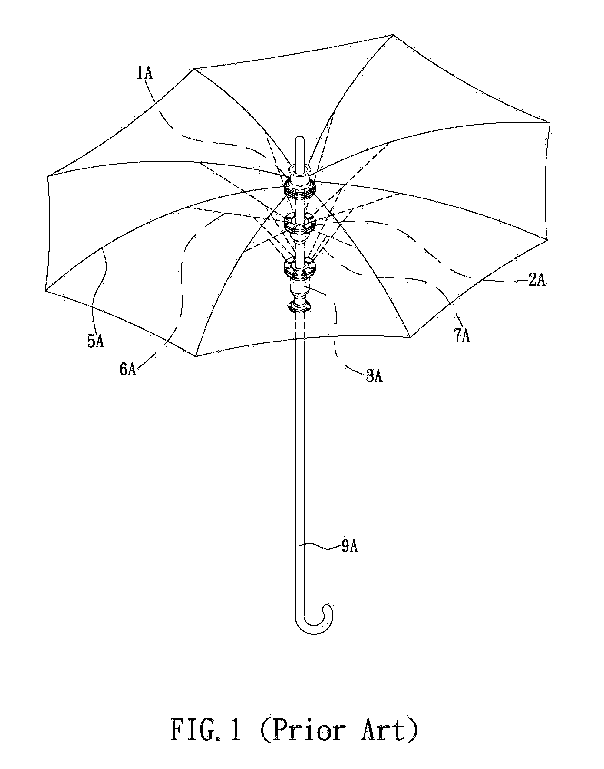 Umbrella structure having at least one mushroom-shaped hub for enabling rapid assembly of main rod and supporting members