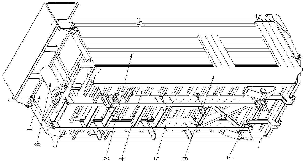 Self-unloading compartment structure with strengthened bottom plate and auxiliary frame