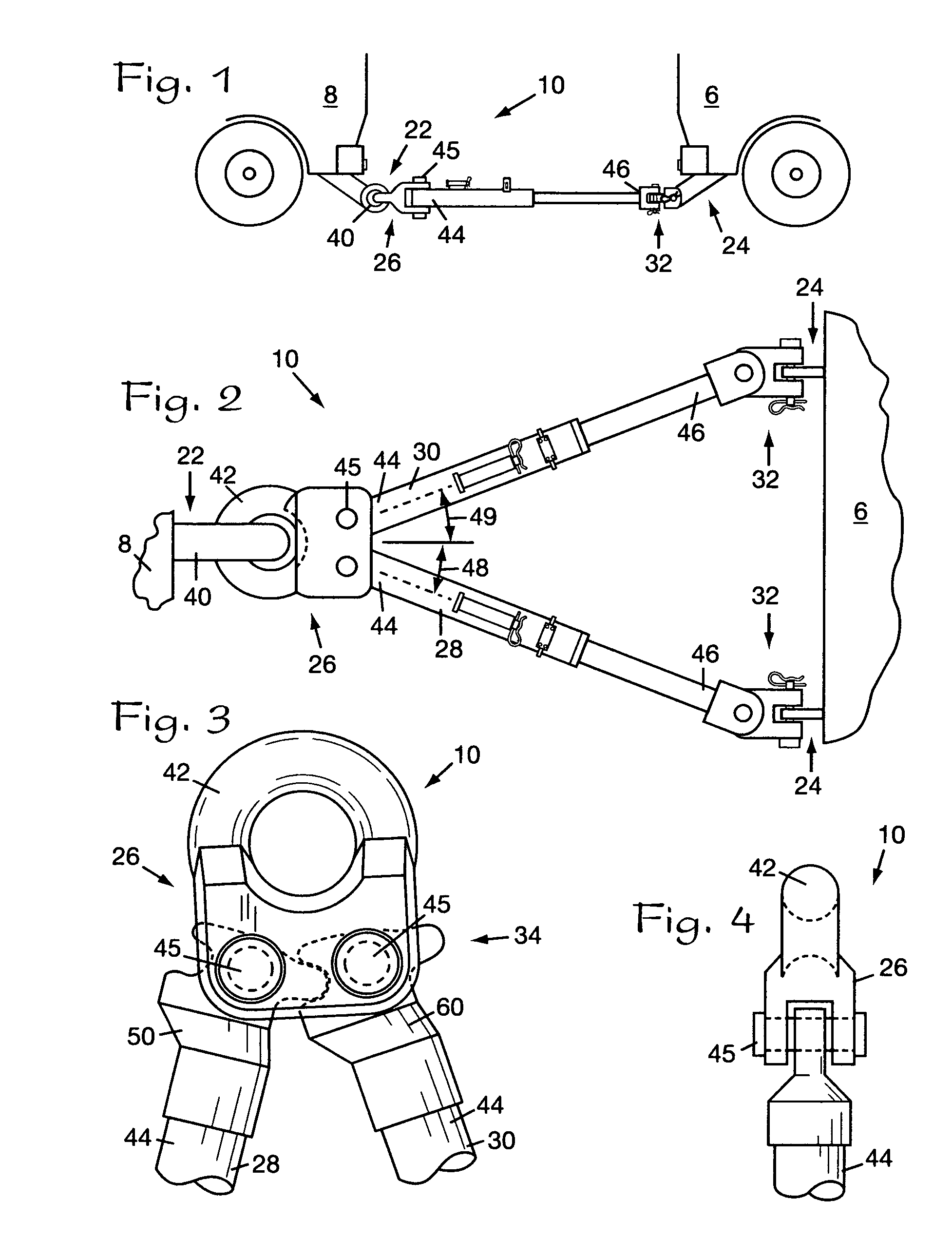 Tow bar having lunette ring head and fishtail-reducing cammed equiangularly-oriented tow bar legs