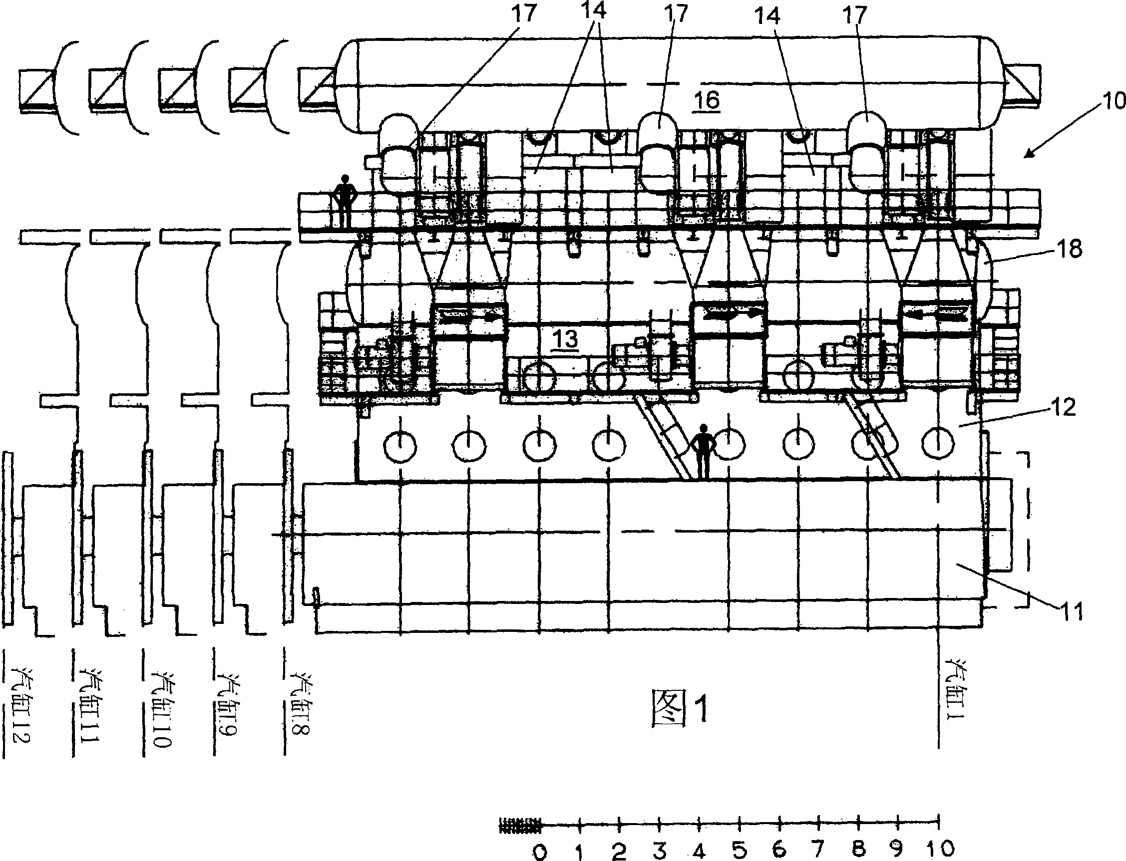 Large scale multi-cylinder two-stroke diesel engine