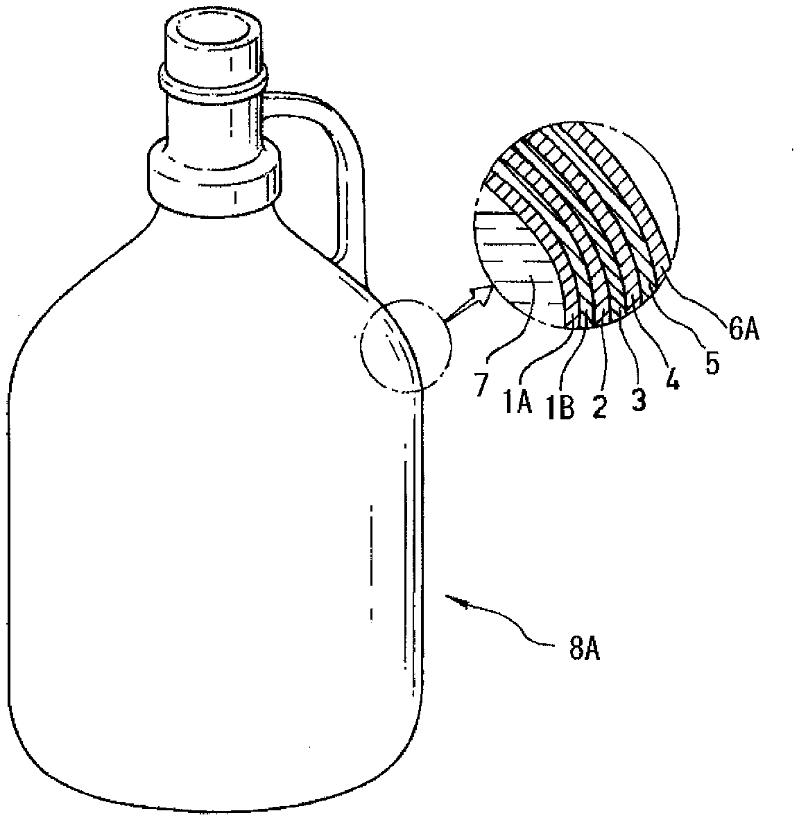 Highly transparent chemical-resistant blow-molded laminate container leaching few impurity particles