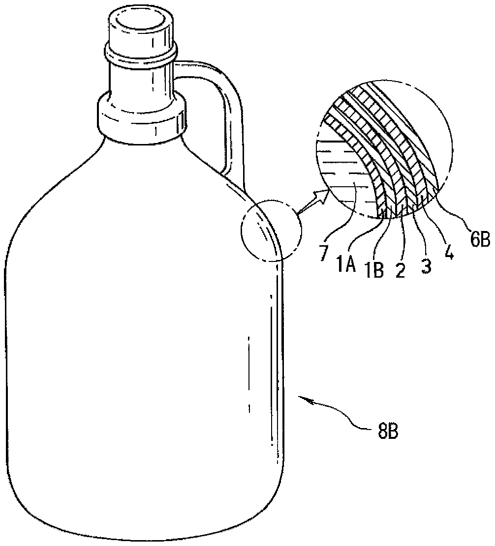 Highly transparent chemical-resistant blow-molded laminate container leaching few impurity particles