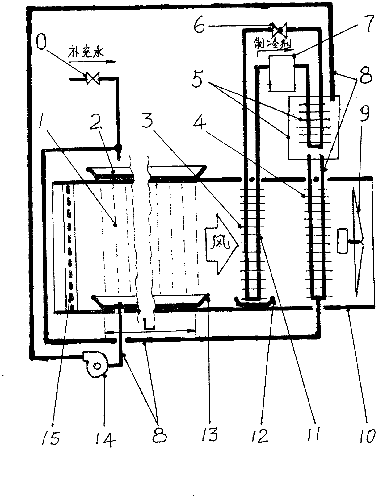 Air purification device mainly relying on water spray dedusting and supplemented by water-cooling refrigeration dehumidification