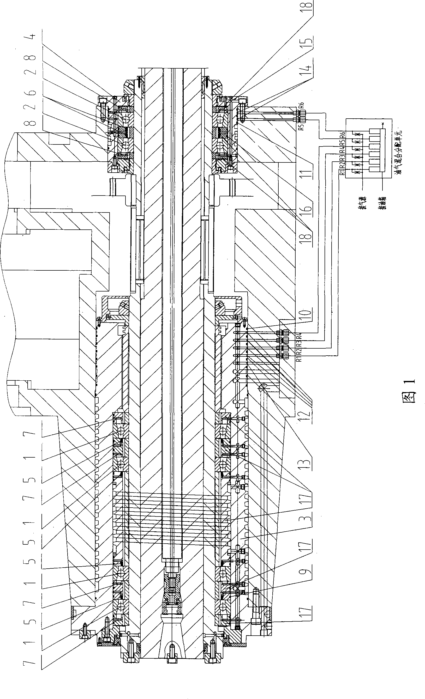 Large-size horizontal machining-center high-speed main-axle oil gas lubricating system