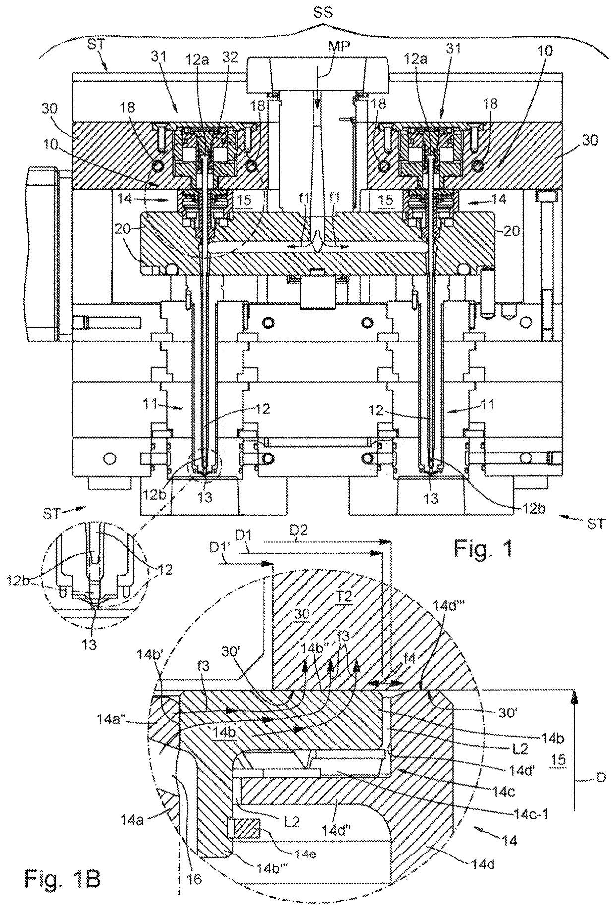 Injection unit, with closure pin, for the injection moulding of plastic material, with capacity to recover thermal dilatations and avoid leakage of the plastic material