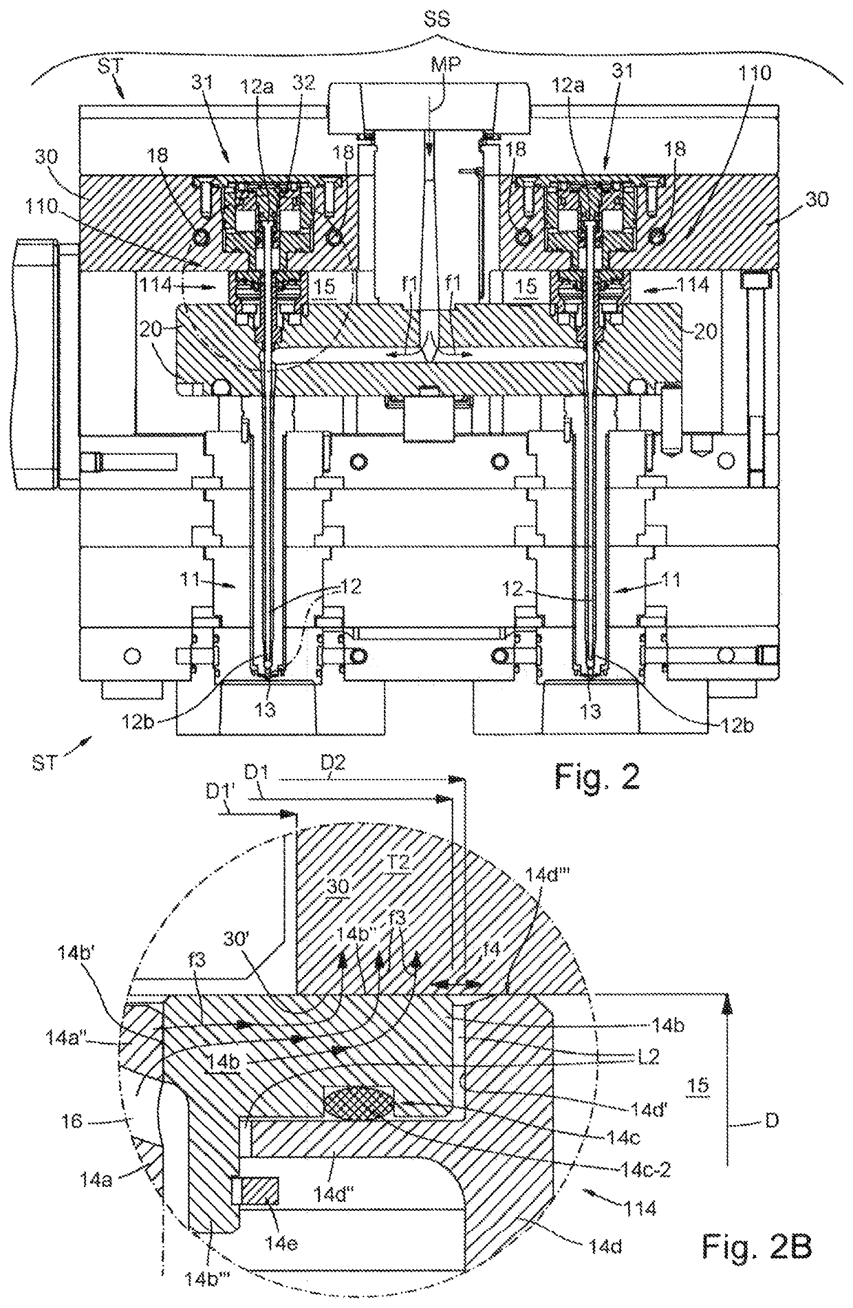 Injection unit, with closure pin, for the injection moulding of plastic material, with capacity to recover thermal dilatations and avoid leakage of the plastic material