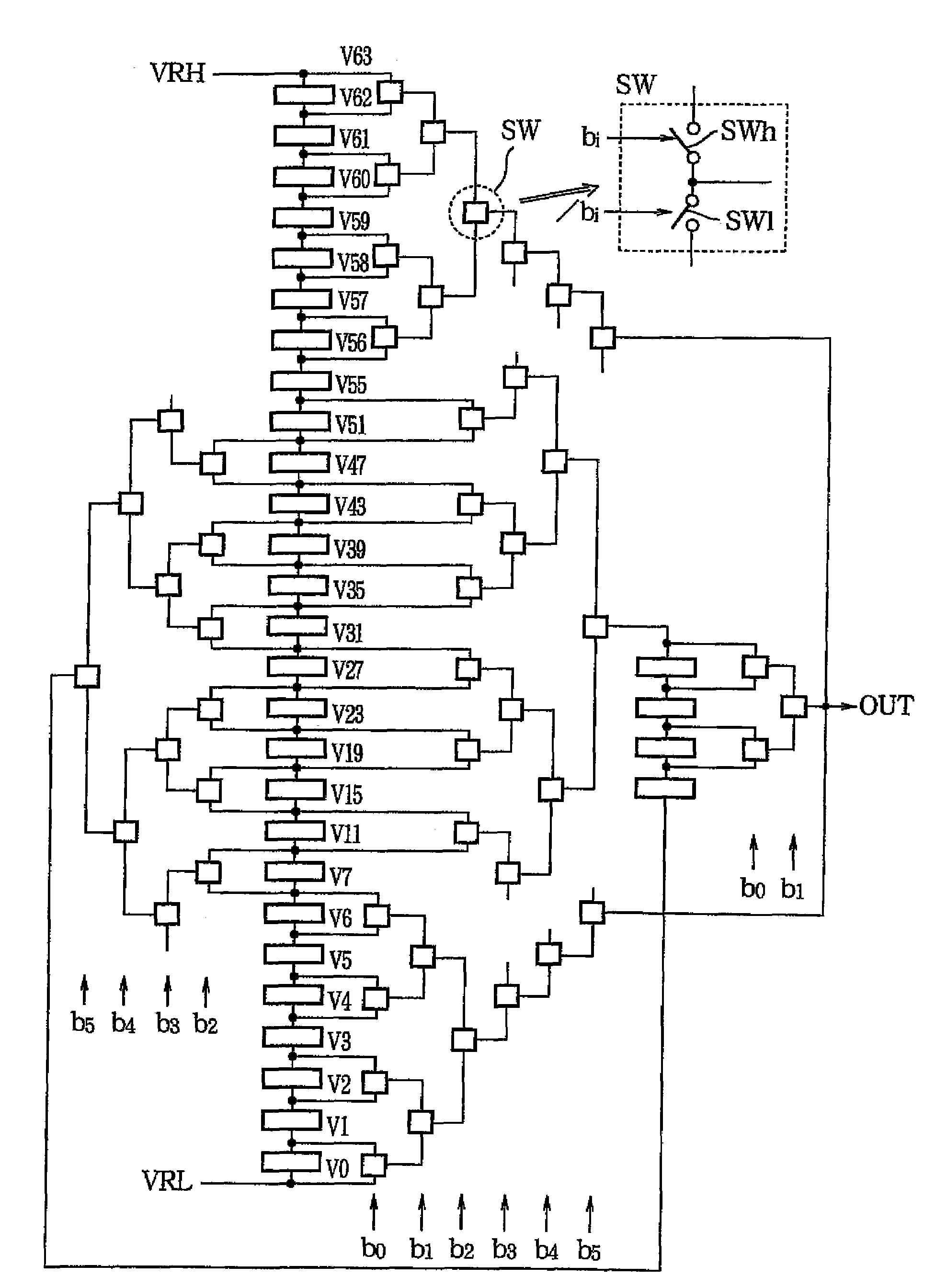 Digital-to-analog converter having resistor string with ranges to reduce circuit elements