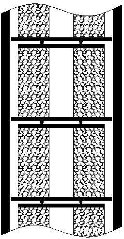 Device loaded with structured catalyst with radial wall flow