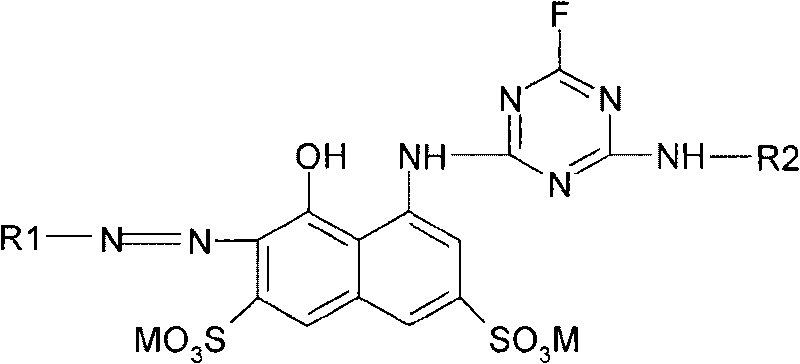 Red reactive dyes containing fluorotriazine and preparation method and application thereof